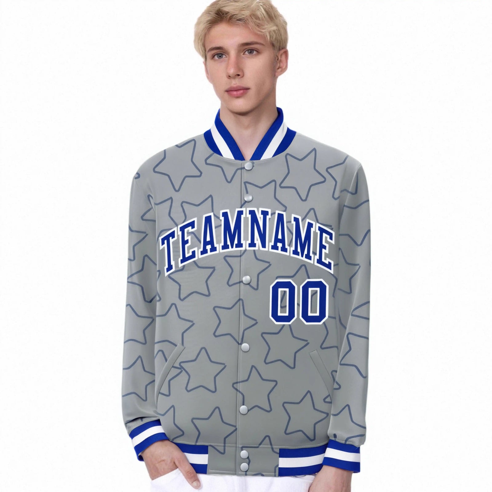 Custom Gray Royal Blue-White Varsity Full-Snap Star Pattern Letterman Baseball Jacket