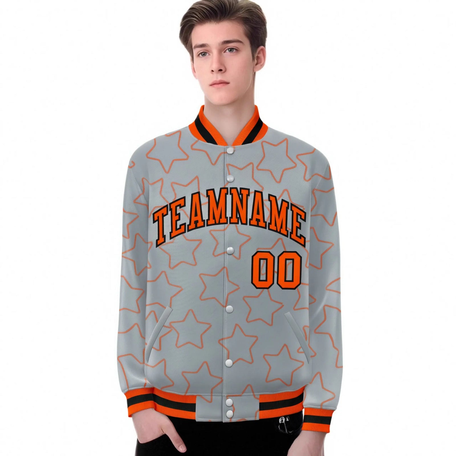 Custom Gray Orange-Black Varsity Full-Snap Star Pattern Letterman Baseball Jacket