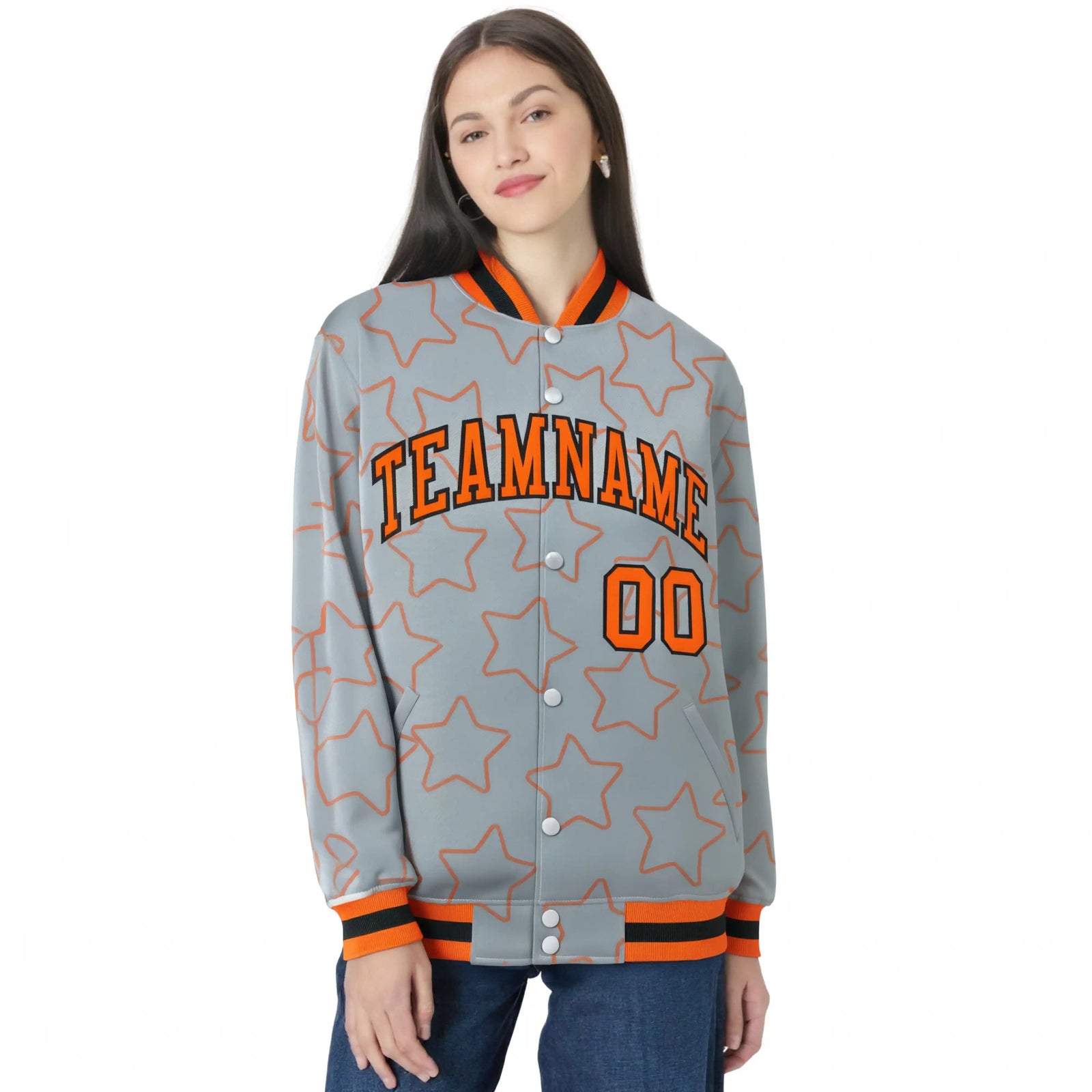 Custom Gray Orange-Black Varsity Full-Snap Star Pattern Letterman Baseball Jacket