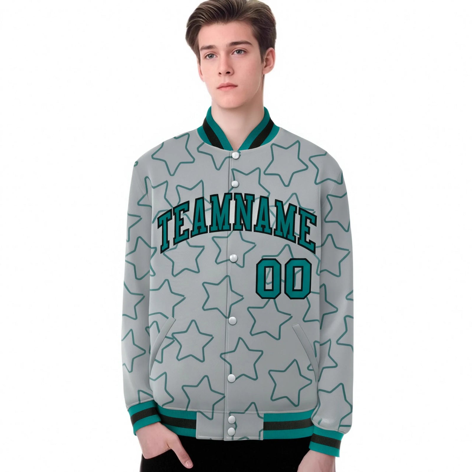 Custom Gray Aqua-Black Varsity Full-Snap Star Pattern Letterman Baseball Jacket