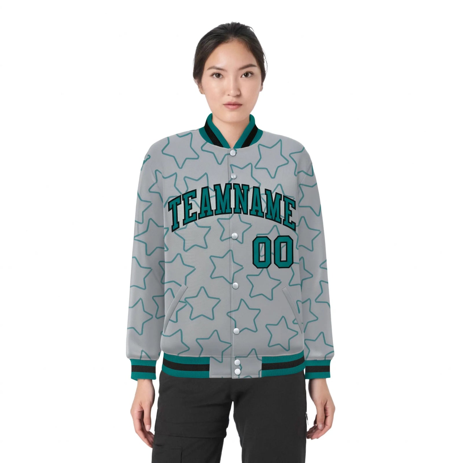 Custom Gray Aqua-Black Varsity Full-Snap Star Pattern Letterman Baseball Jacket