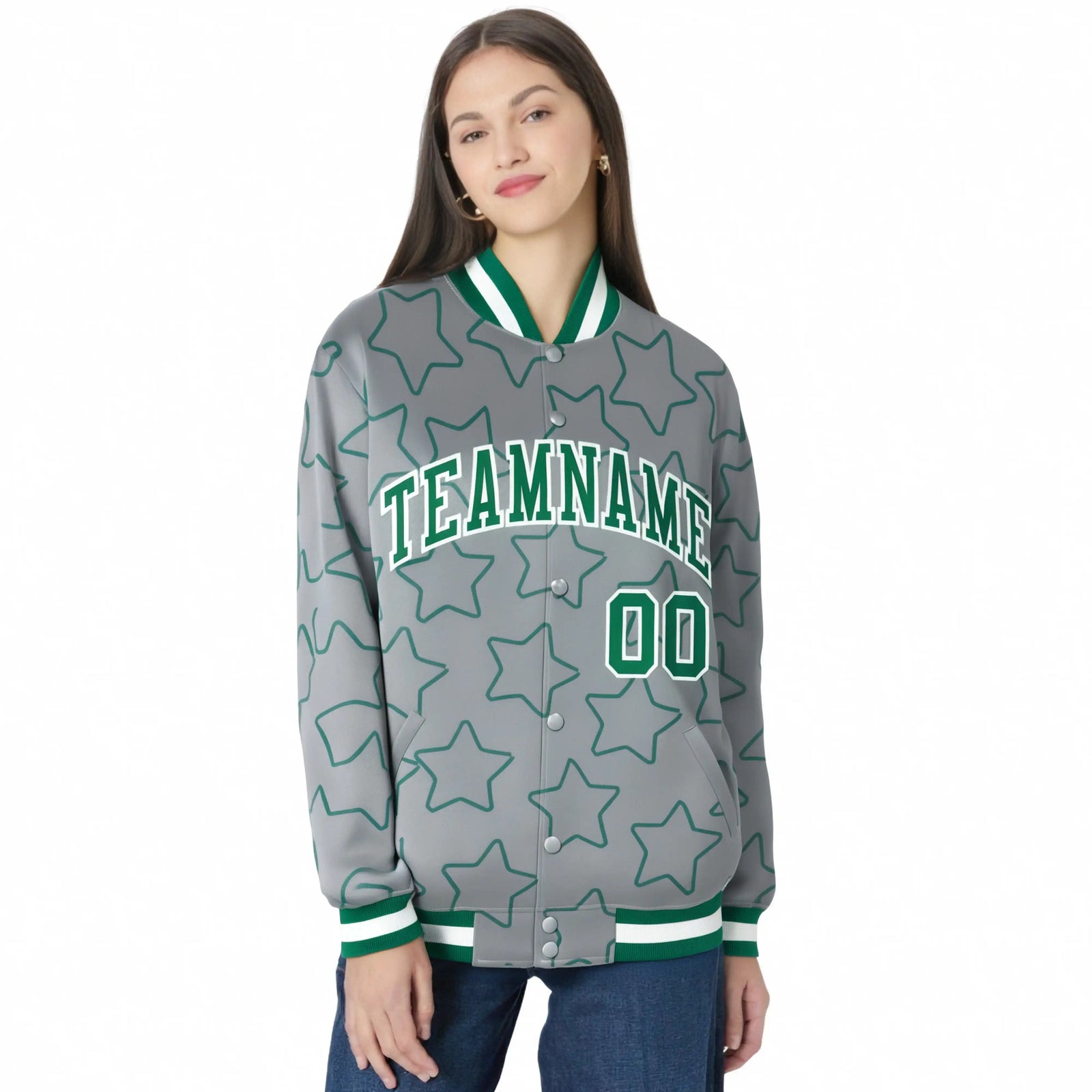 Custom Gray Kelly Green-White Varsity Full-Snap Star Pattern Letterman Baseball Jacket
