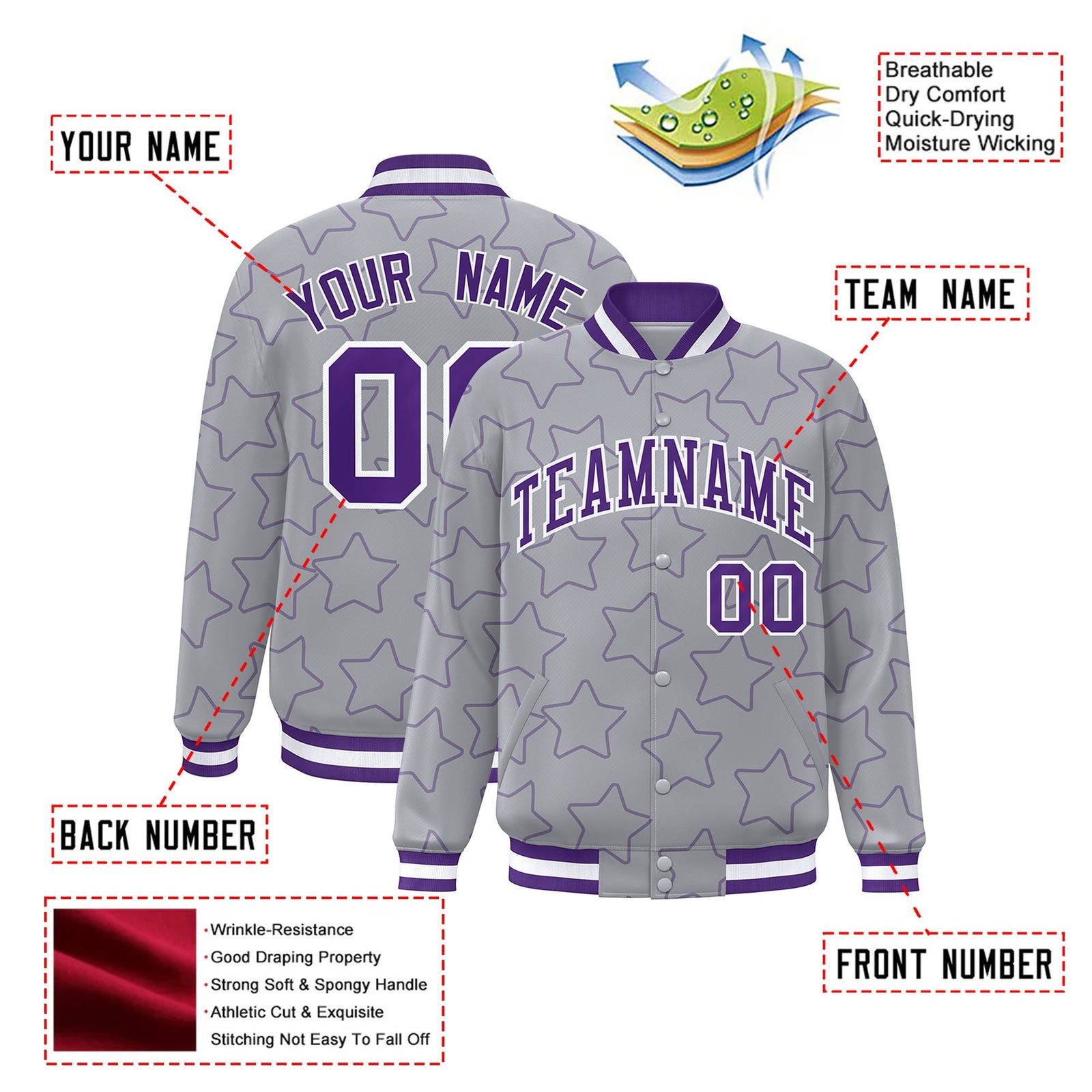 Custom Gray Purple-White Varsity Full-Snap Star Pattern Letterman Baseball Jacket