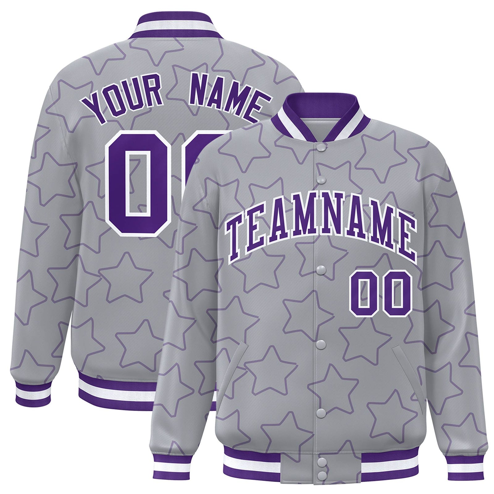 Custom Gray Purple-White Varsity Full-Snap Star Pattern Letterman Baseball Jacket