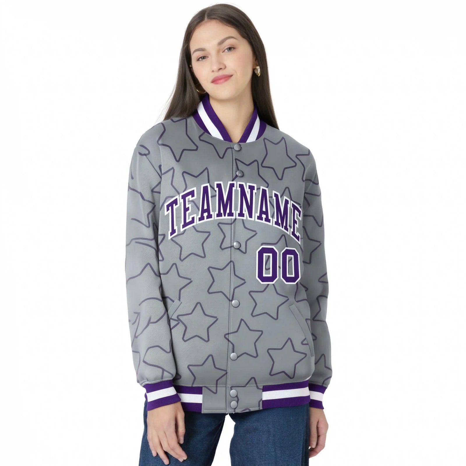 Custom Gray Purple-White Varsity Full-Snap Star Pattern Letterman Baseball Jacket