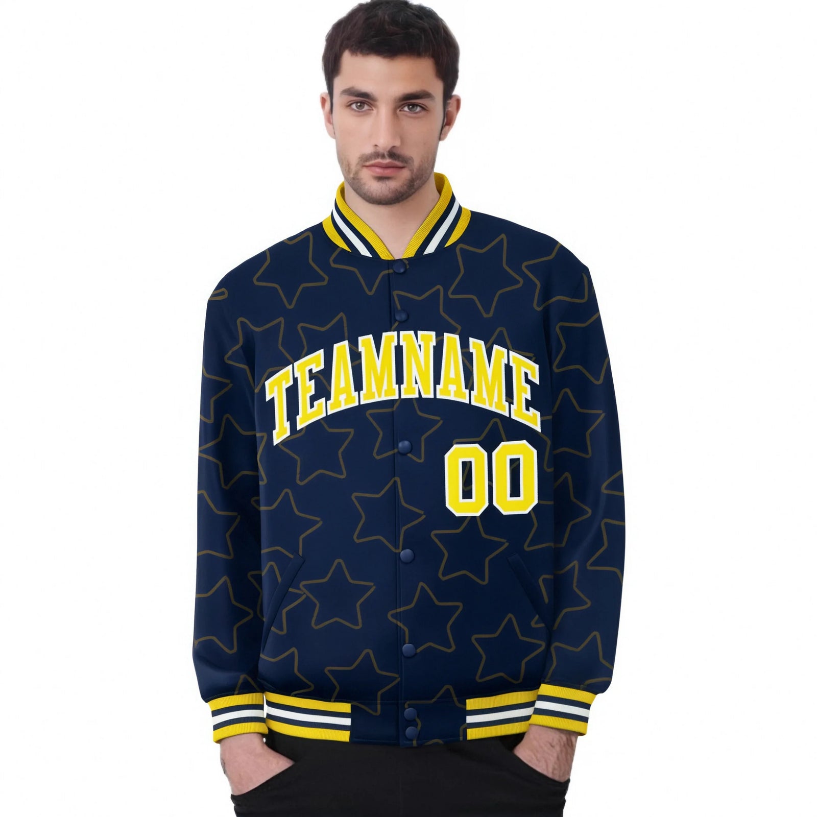 Custom Navy Gold-White Varsity Full-Snap Star Pattern Letterman Baseball Jacket
