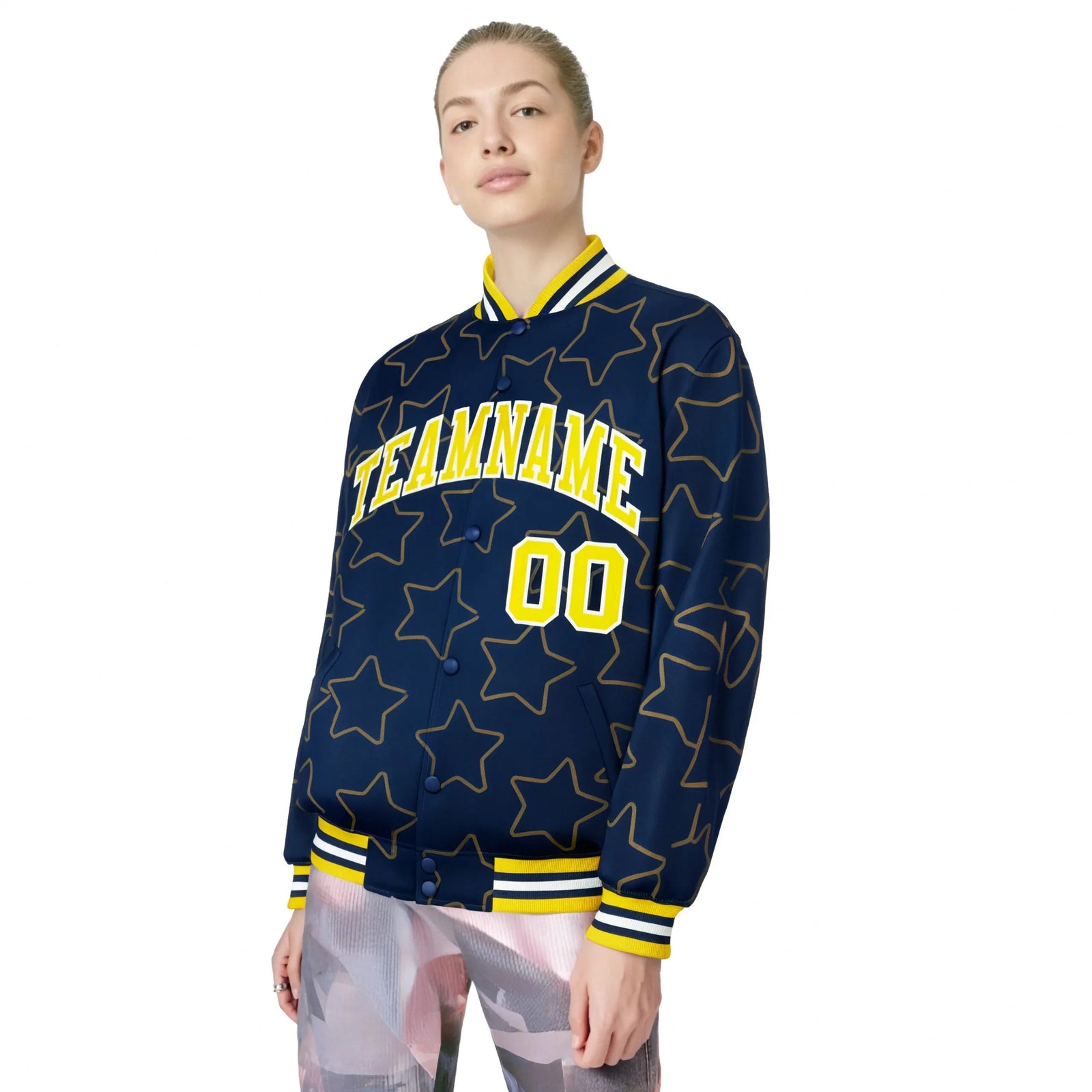 Custom Navy Gold-White Varsity Full-Snap Star Pattern Letterman Baseball Jacket