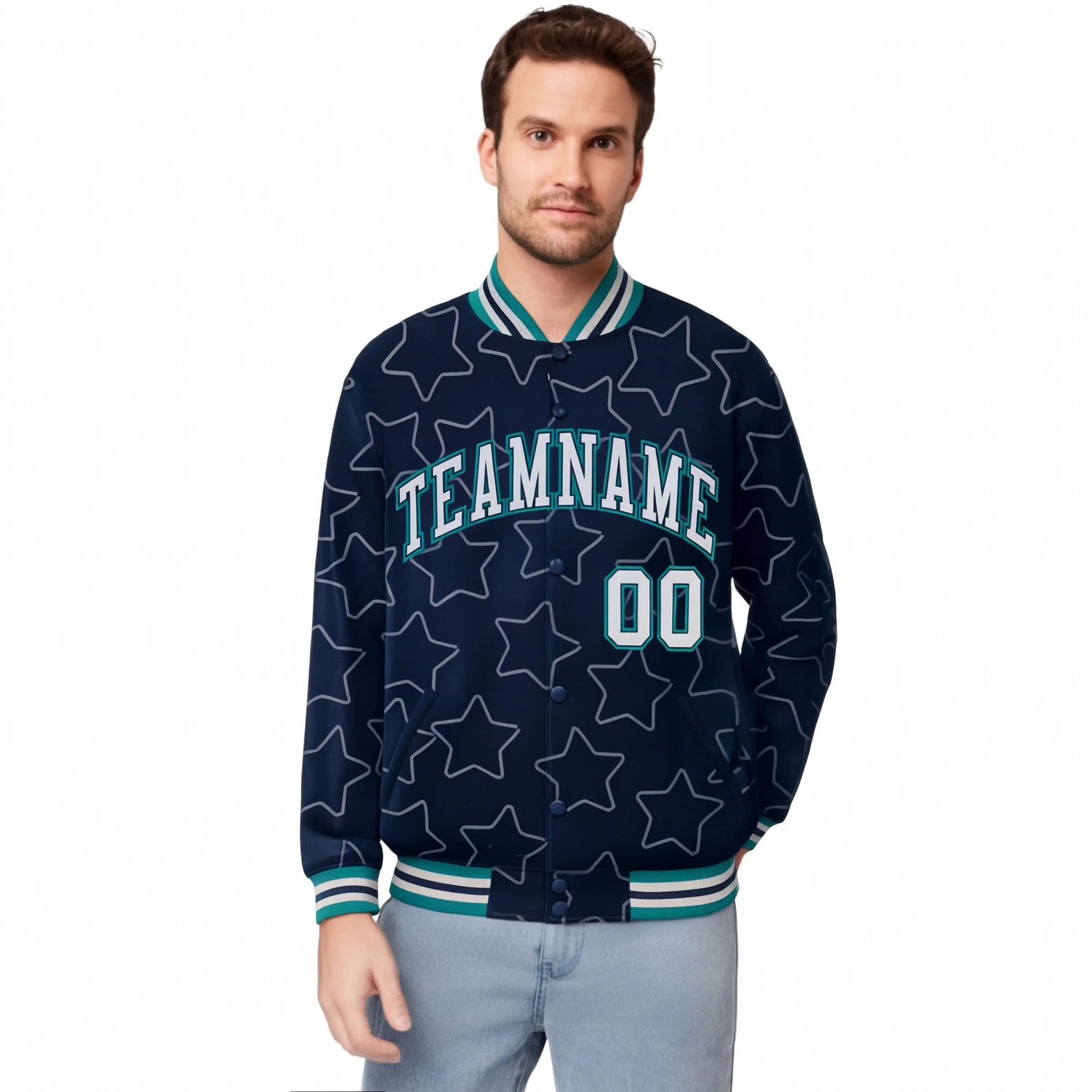 Custom Navy Gray-Teal Varsity Full-Snap Star Pattern Letterman Baseball Jacket