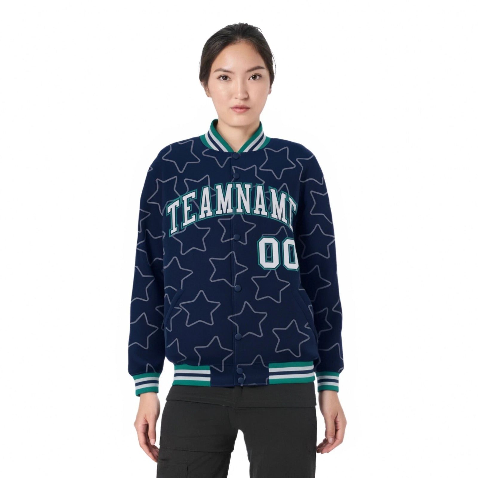 Custom Navy Gray-Teal Varsity Full-Snap Star Pattern Letterman Baseball Jacket
