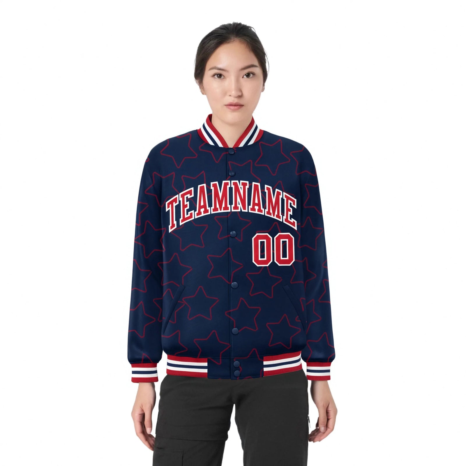 Custom Navy Red-White Varsity Full-Snap Star Pattern Letterman Baseball Jacket