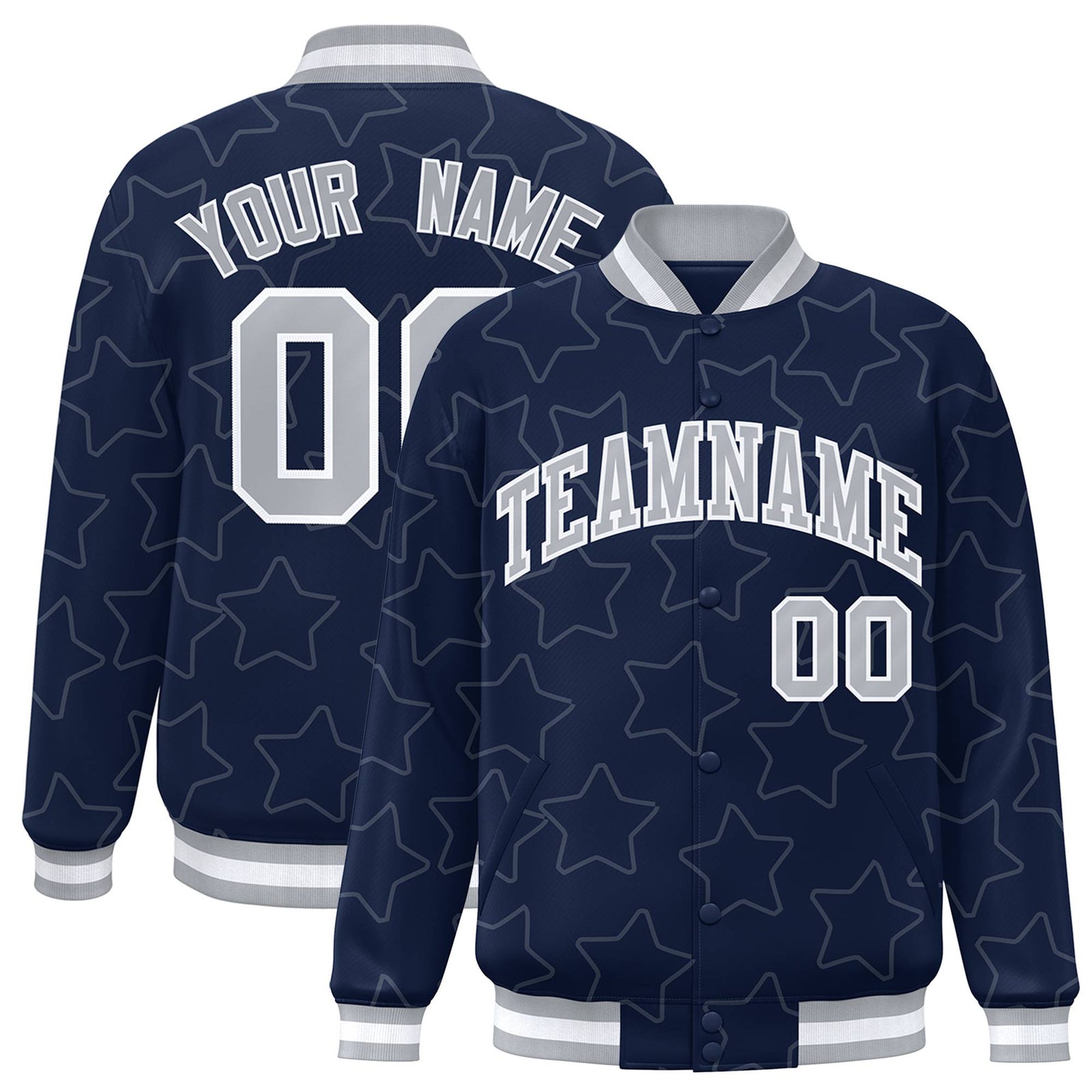 Custom Navy Gray-White Varsity Full-Snap Star Pattern Letterman Baseball Jacket