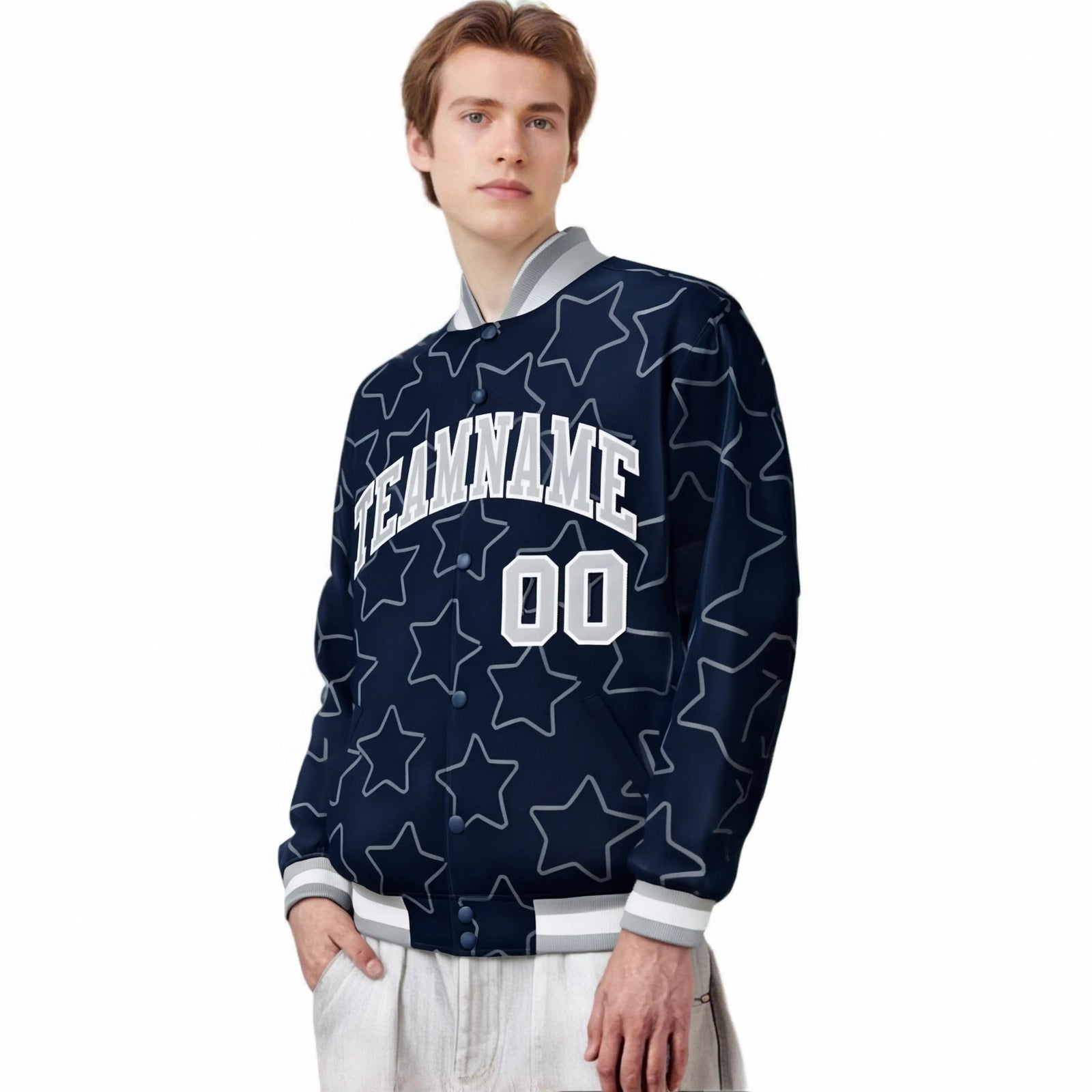 Custom Navy Gray-White Varsity Full-Snap Star Pattern Letterman Baseball Jacket
