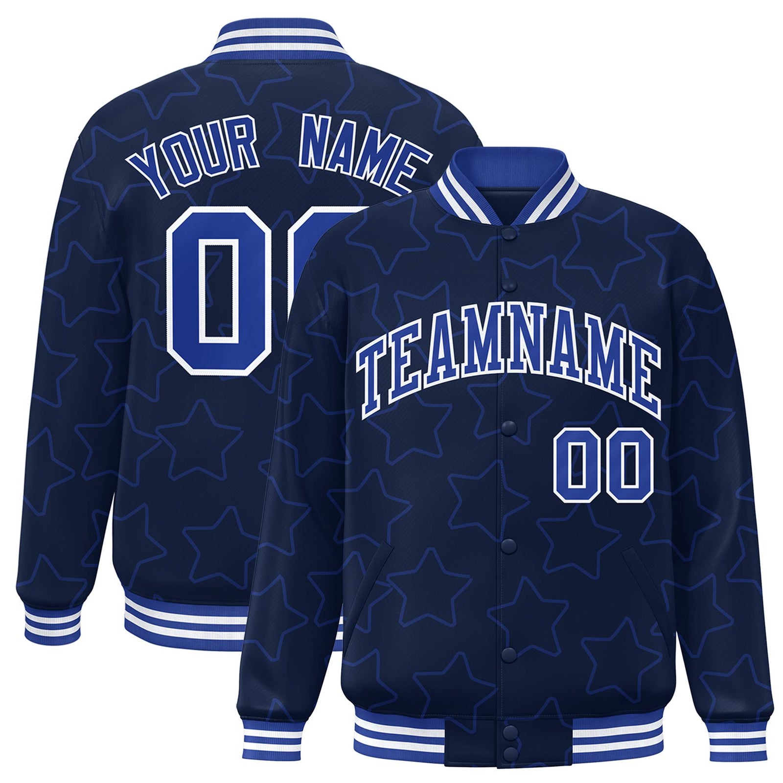 Custom Navy Royal Blue-White Varsity Full-Snap Star Pattern Letterman Baseball Jacket