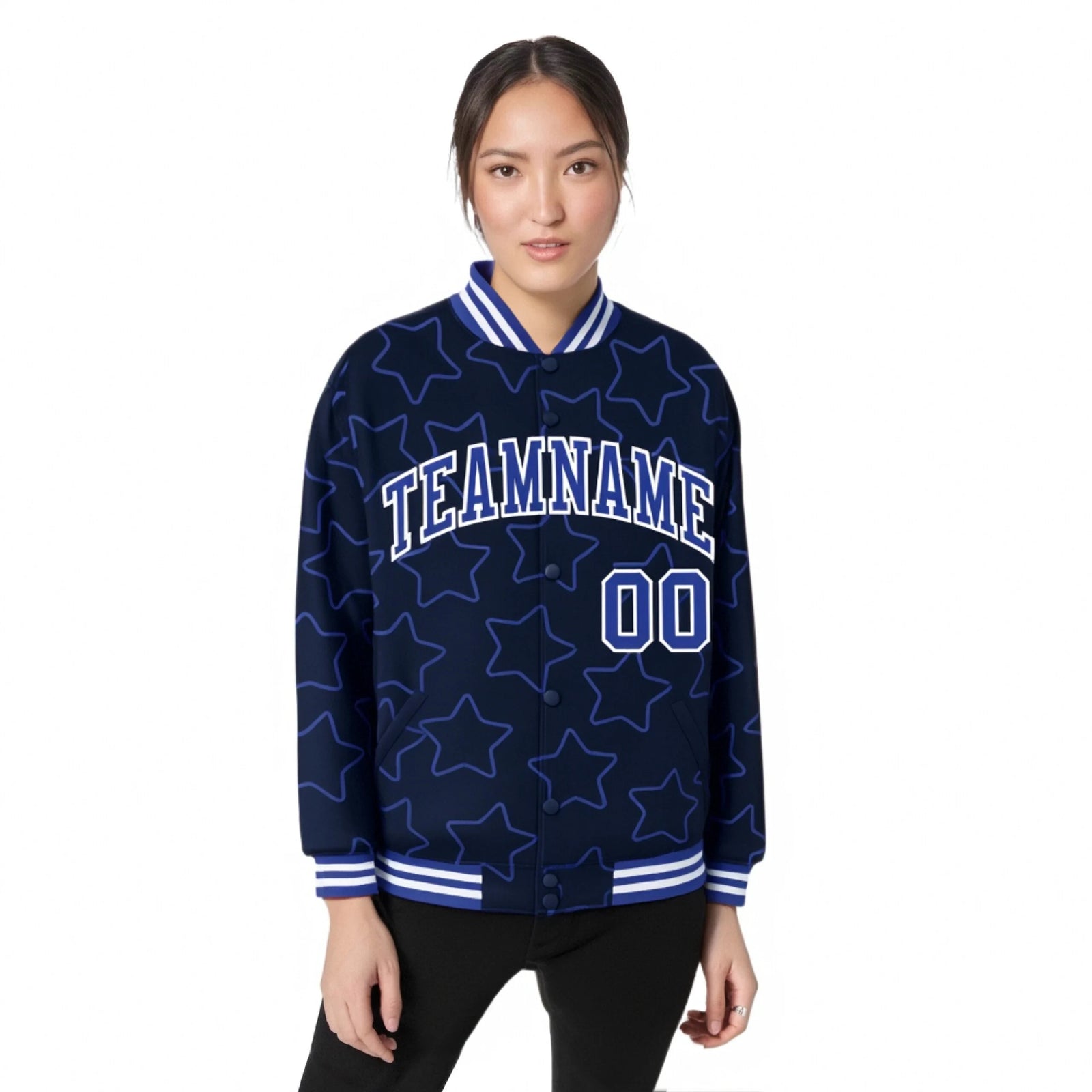 Custom Navy Royal Blue-White Varsity Full-Snap Star Pattern Letterman Baseball Jacket