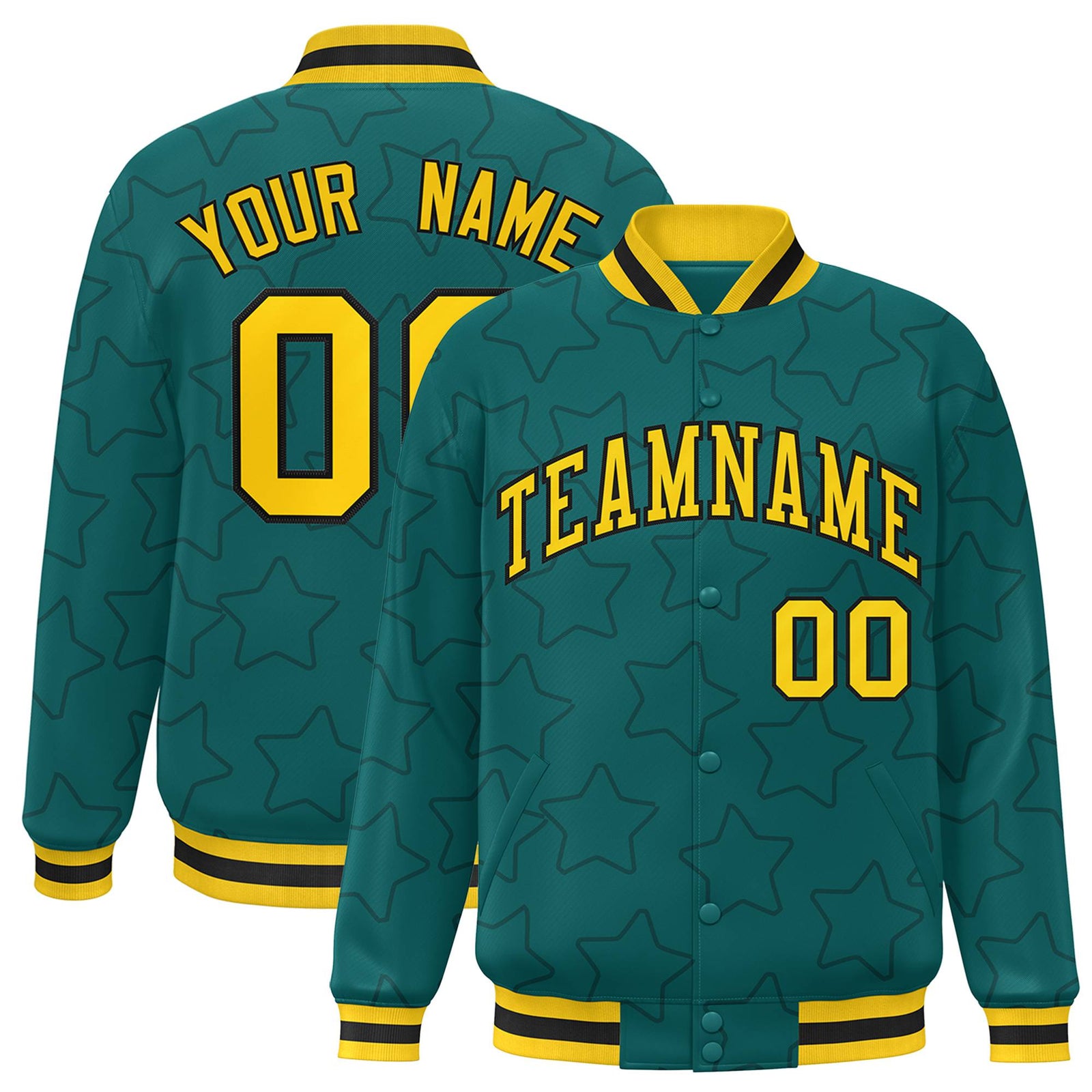Custom Aqua Gold-Black Varsity Full-Snap Star Pattern Letterman Baseball Jacket