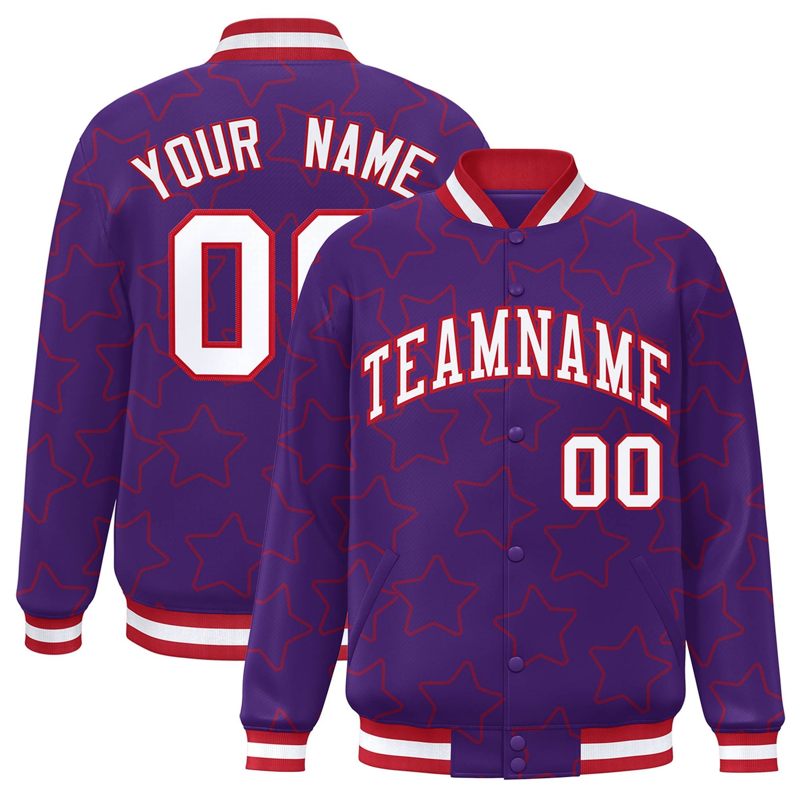 Custom Purple White-Red Varsity Full-Snap Star Pattern Letterman Baseball Jacket