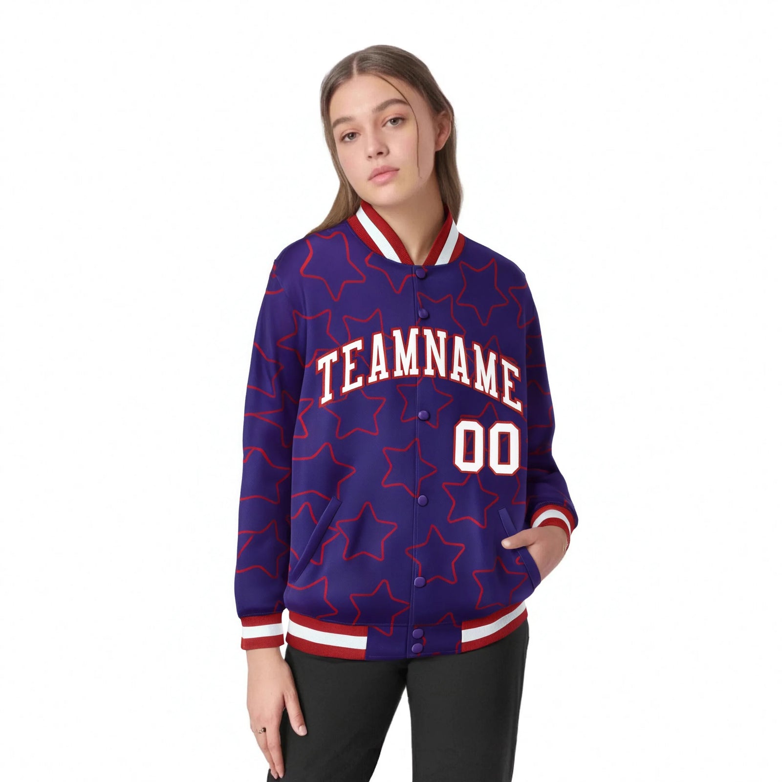 Custom Purple White-Red Varsity Full-Snap Star Pattern Letterman Baseball Jacket