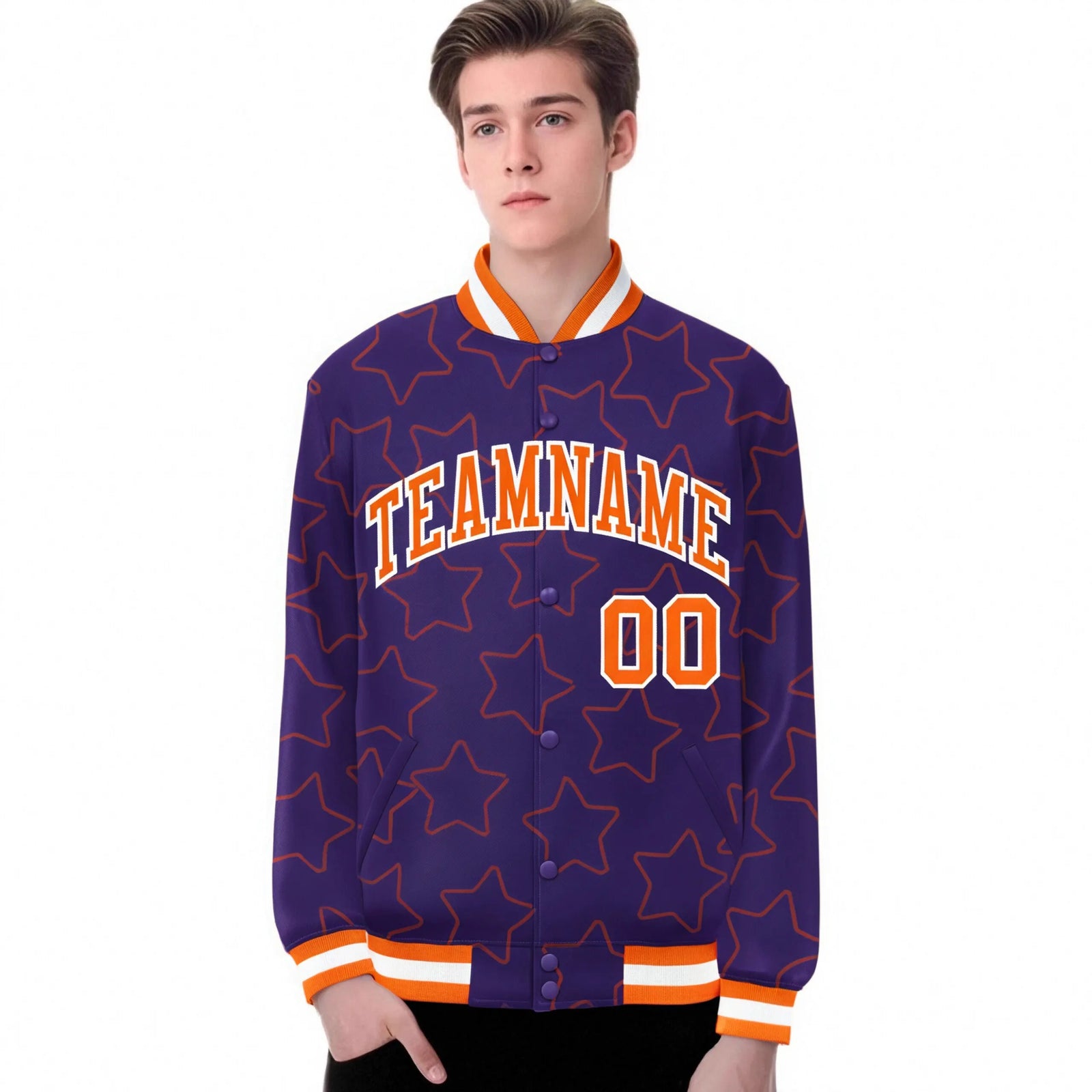 Custom Purple Orange-White Varsity Full-Snap Star Pattern Letterman Baseball Jacket