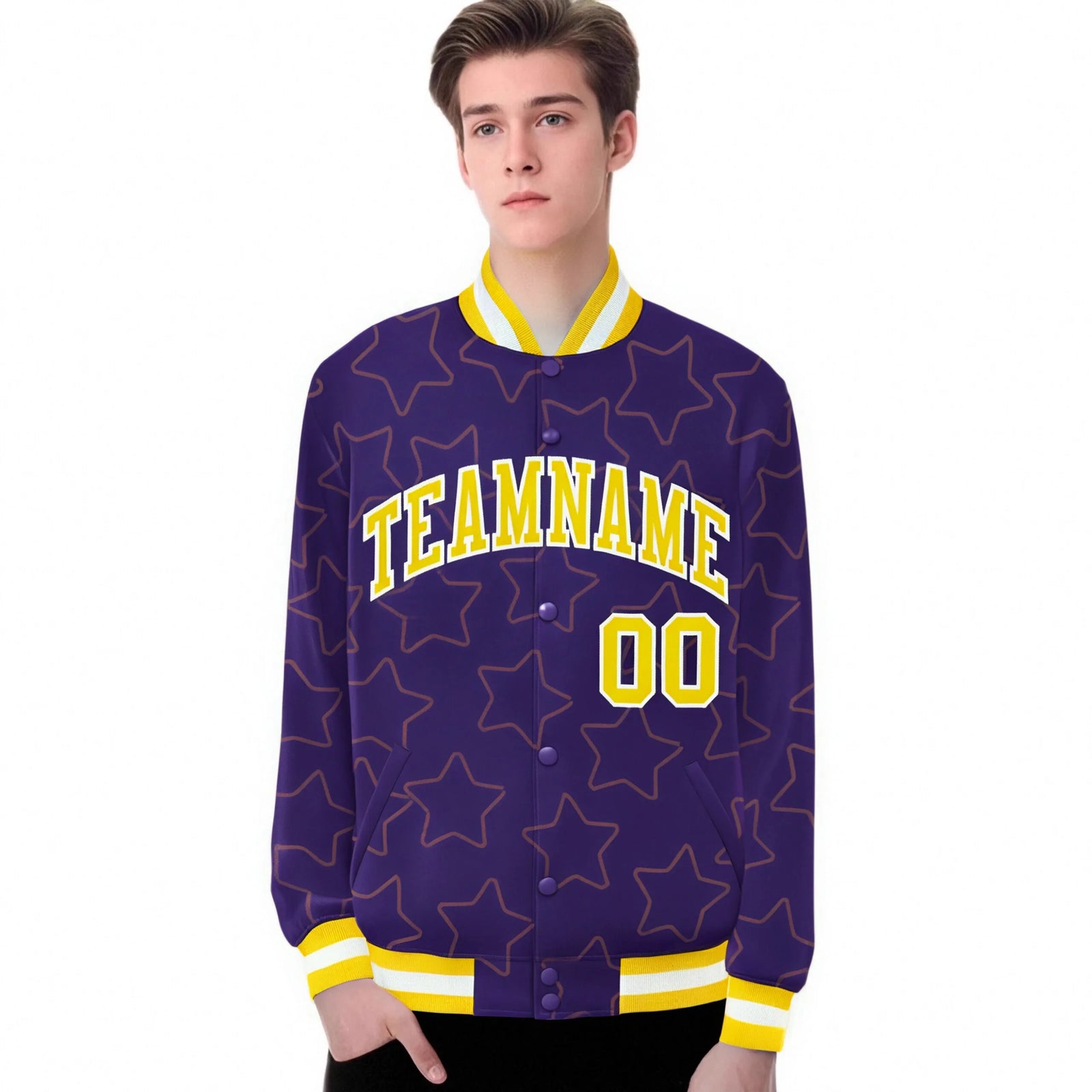 Custom Purple Gold-White Varsity Full-Snap Star Pattern Letterman Baseball Jacket