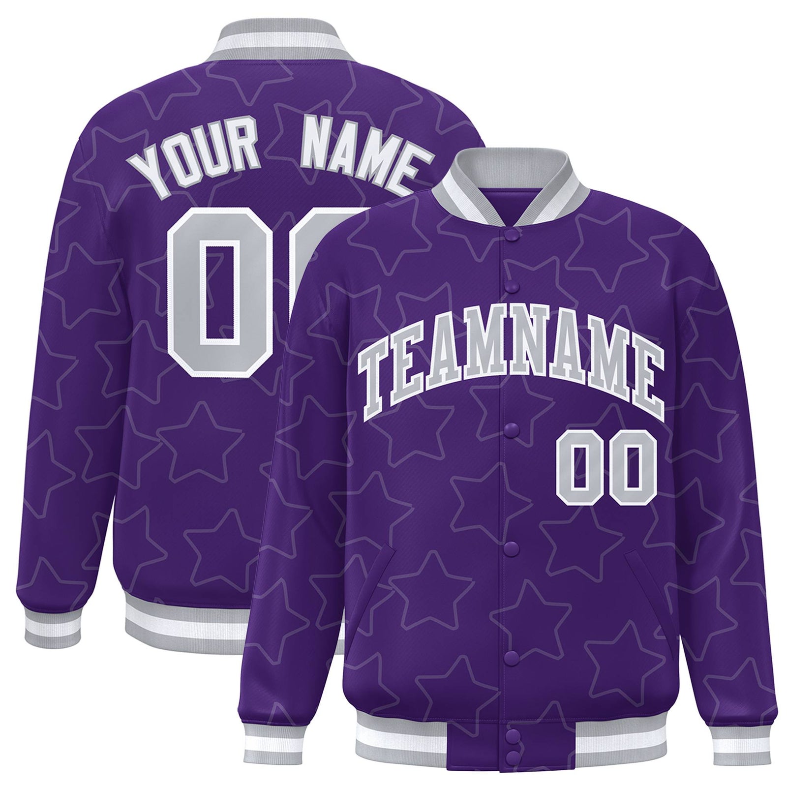 Custom Purple Gray-White Varsity Full-Snap Star Pattern Letterman Baseball Jacket