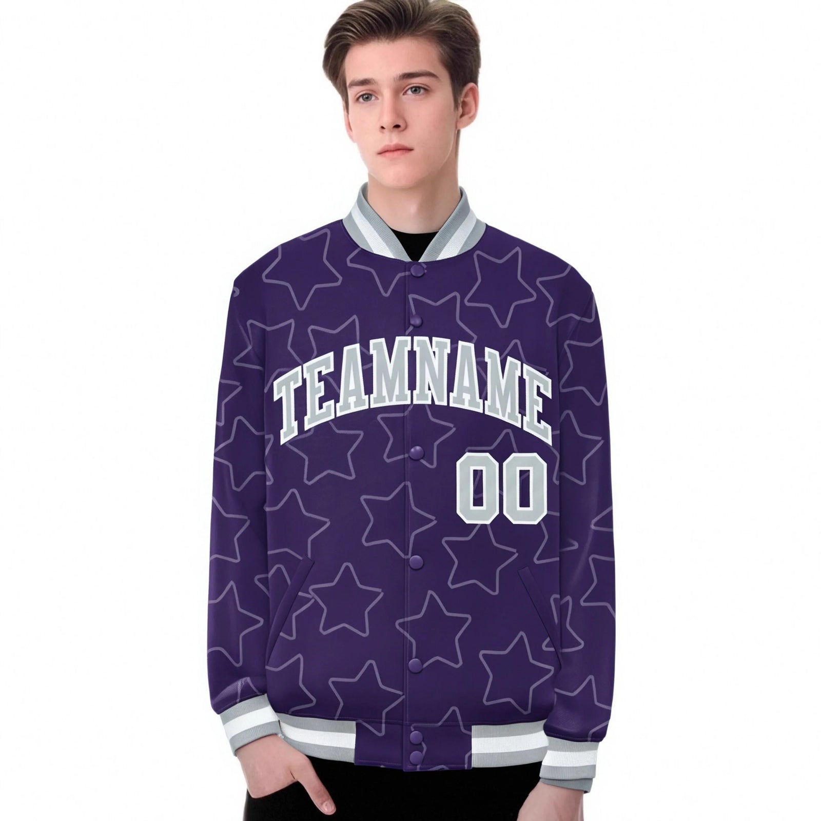 Custom Purple Gray-White Varsity Full-Snap Star Pattern Letterman Baseball Jacket