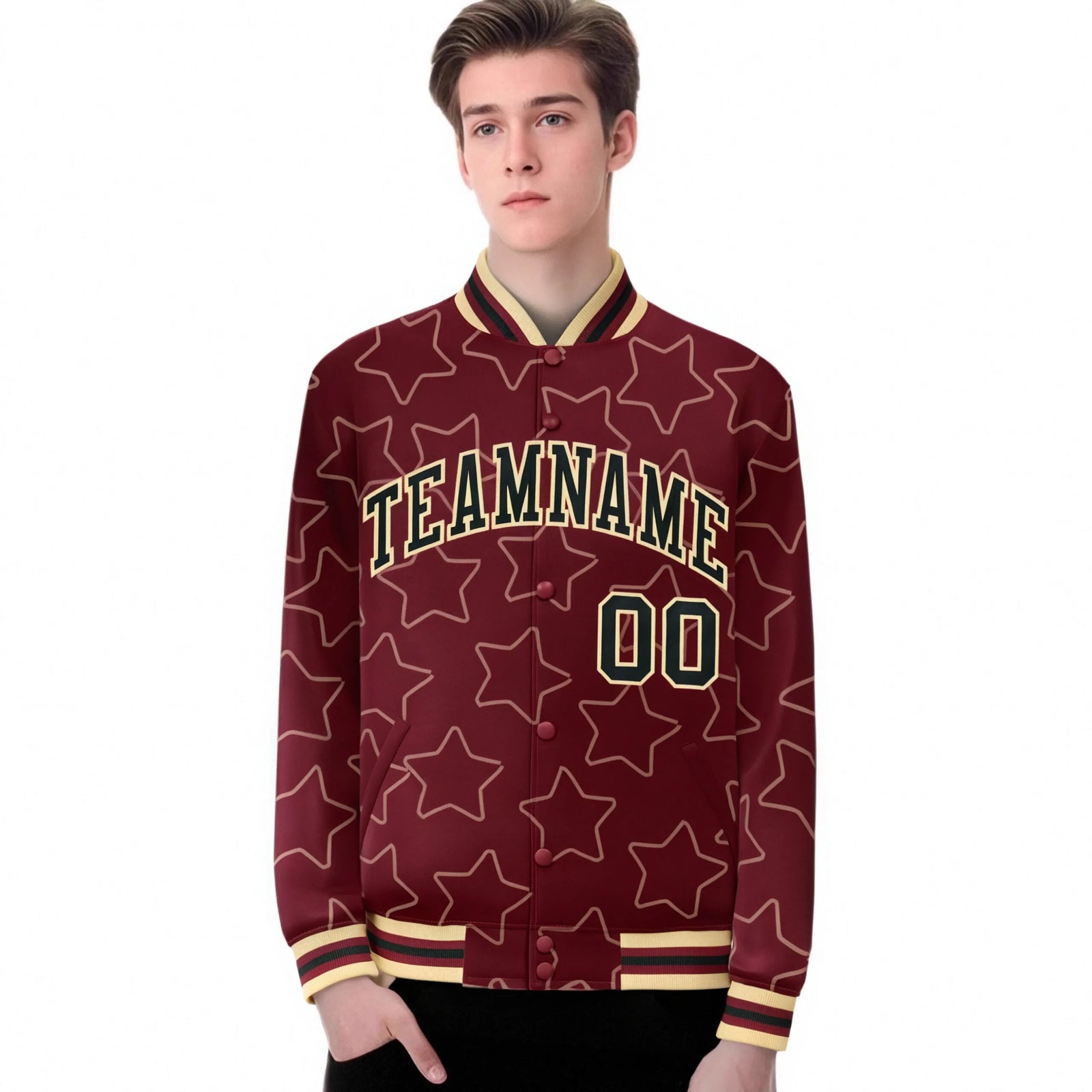 Custom Crimson Black-Old-Gold Varsity Full-Snap Star Pattern Letterman Baseball Jacket