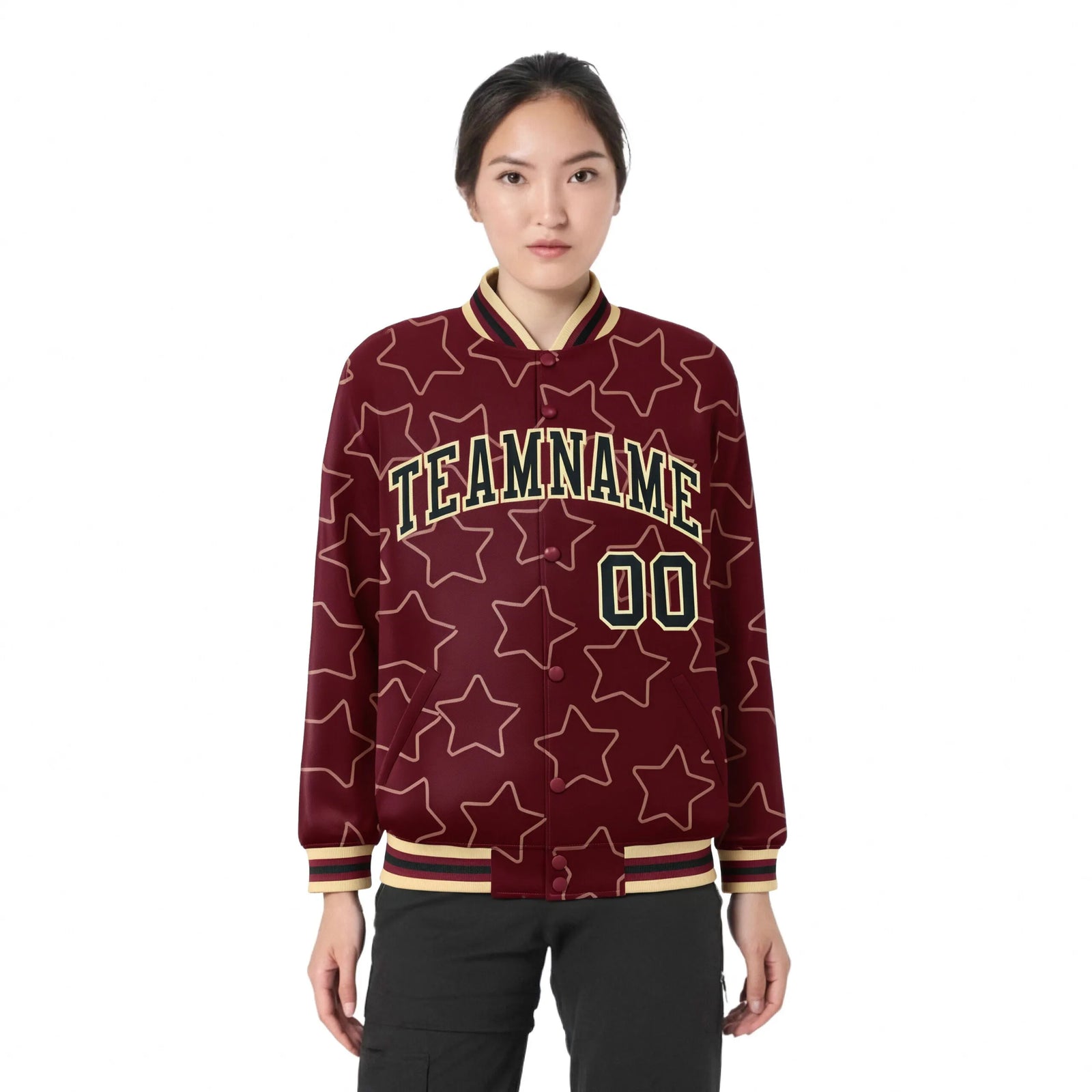 Custom Crimson Black-Old-Gold Varsity Full-Snap Star Pattern Letterman Baseball Jacket