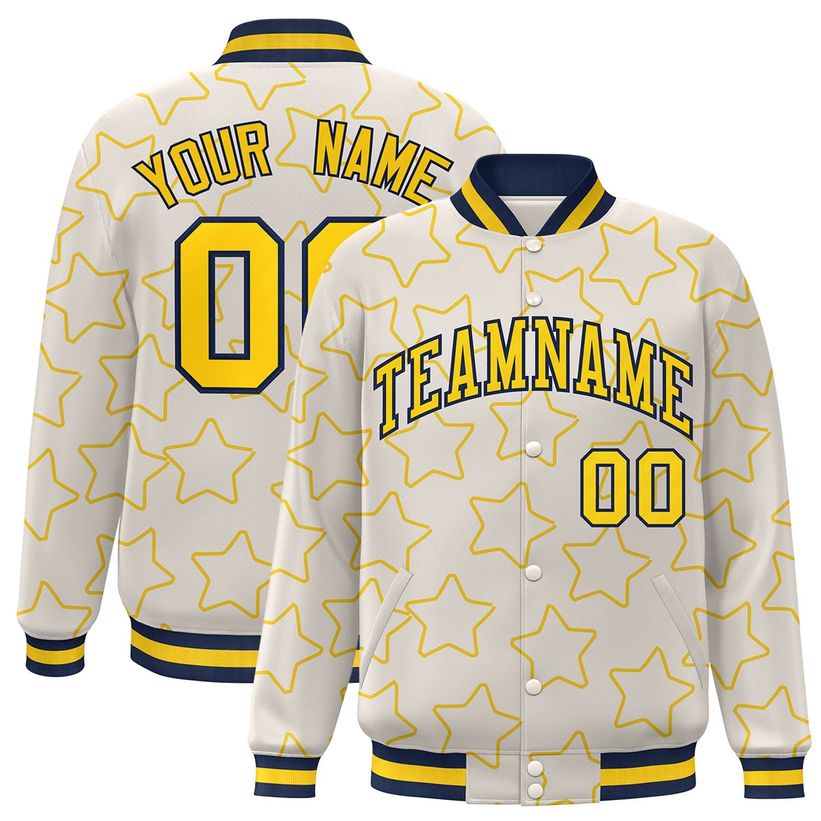 Custom Cream Gold-Navy Varsity Full-Snap Star Pattern Letterman Baseball Jacket