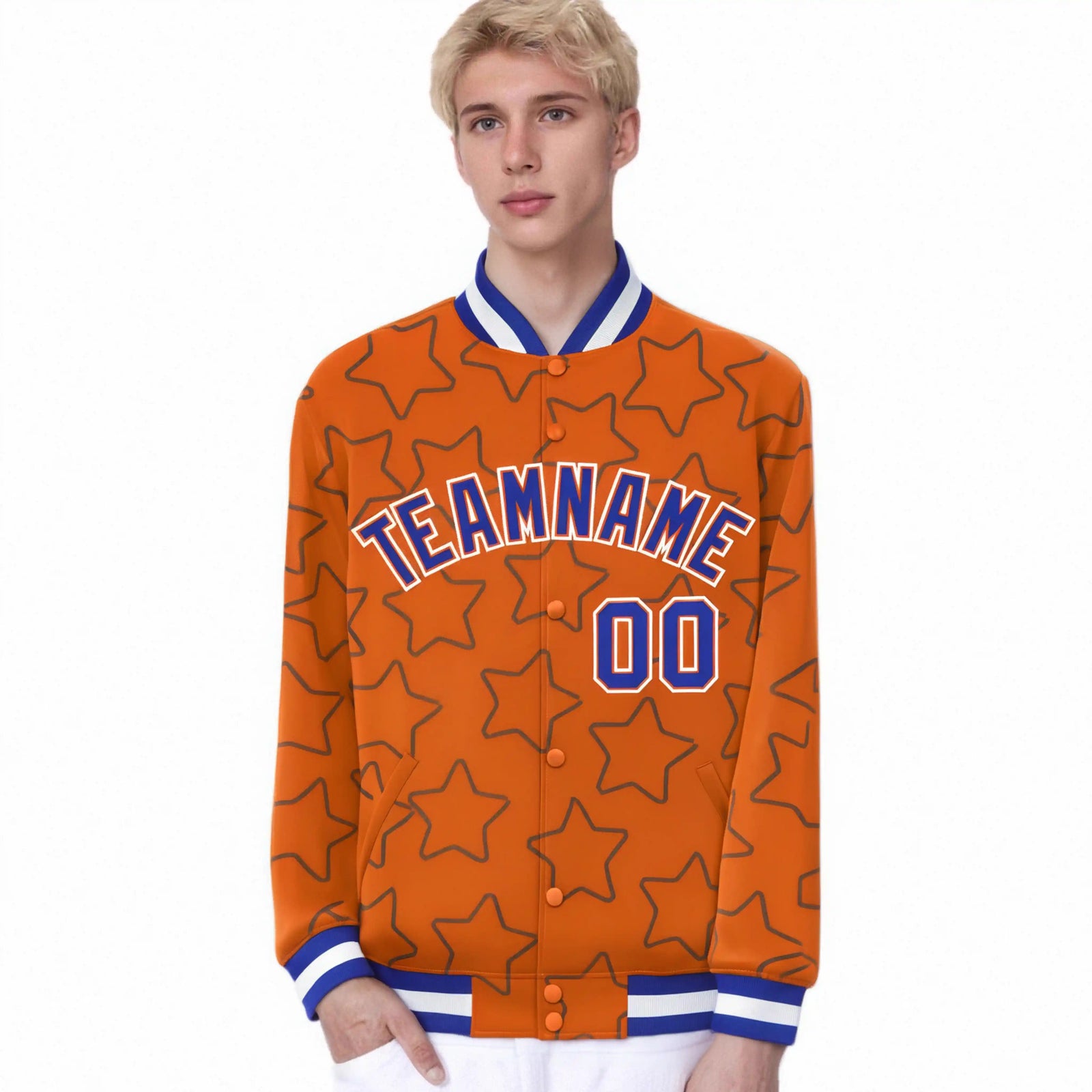 Custom Orange-Royal Blue Varsity Full-Snap Star Pattern Letterman Baseball Jacket