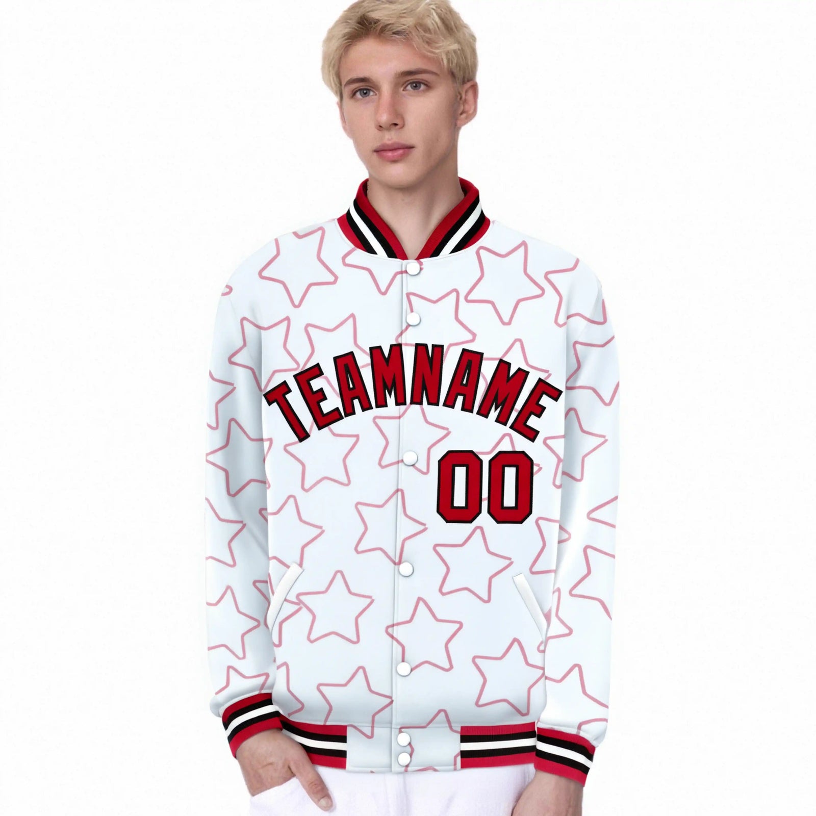 Custom White Red Varsity Full-Snap Star Pattern Letterman Baseball Jacket