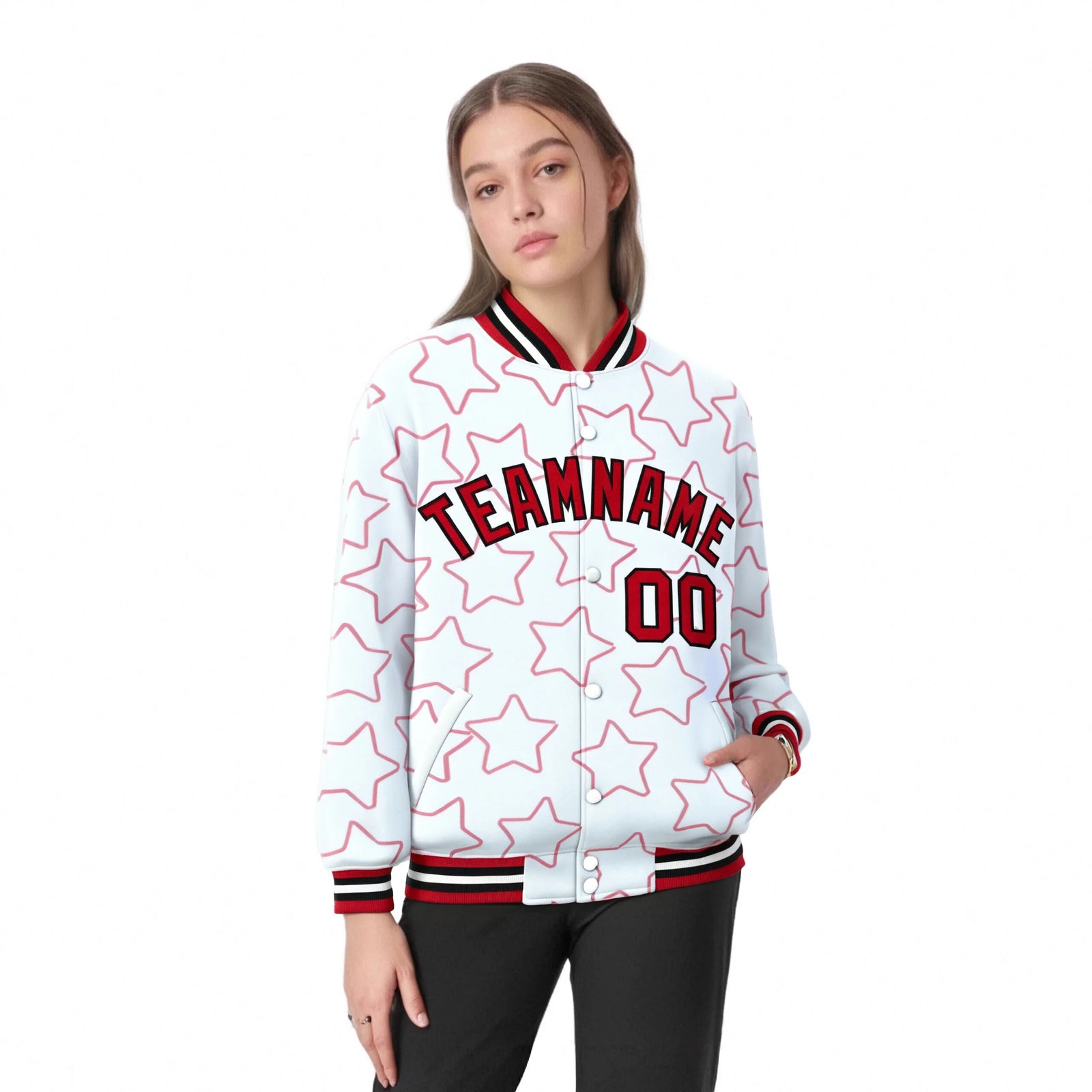 Custom White Red Varsity Full-Snap Star Pattern Letterman Baseball Jacket