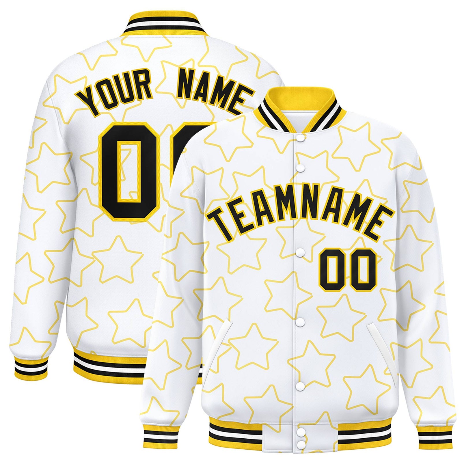 Custom White Black Varsity Full-Snap Star Pattern Letterman Baseball Jacket