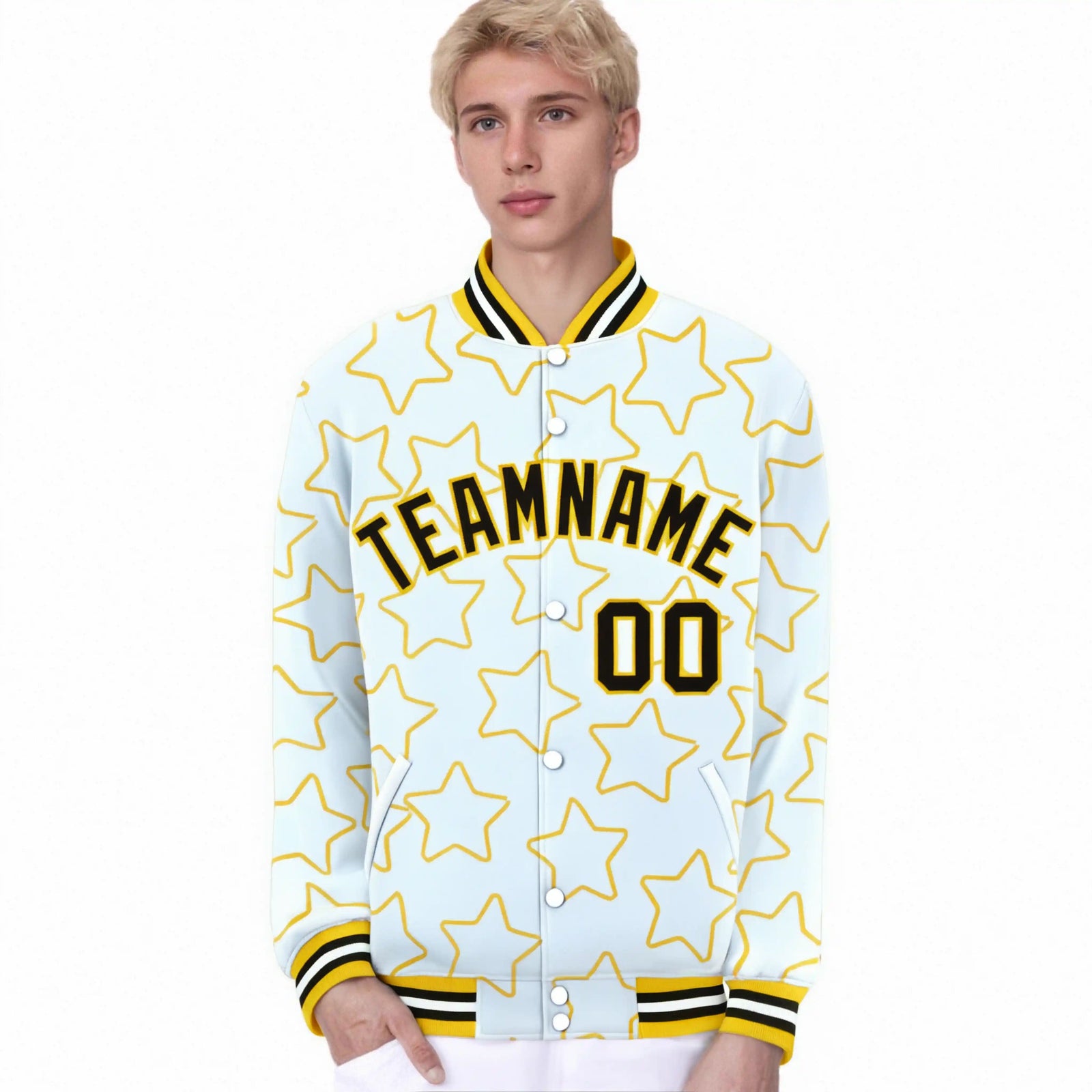 Custom White Black Varsity Full-Snap Star Pattern Letterman Baseball Jacket