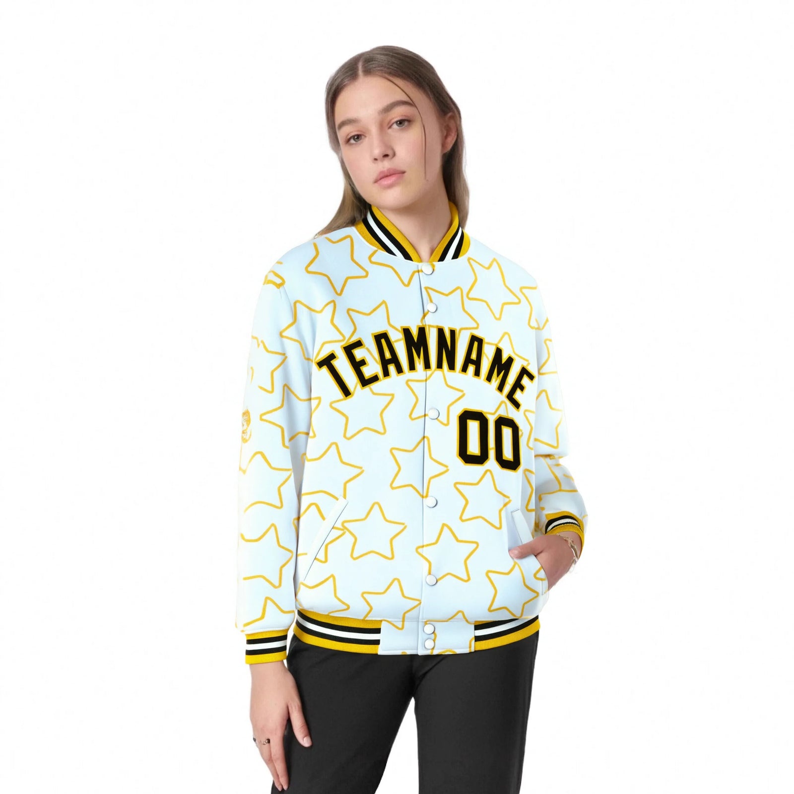 Custom White Black Varsity Full-Snap Star Pattern Letterman Baseball Jacket