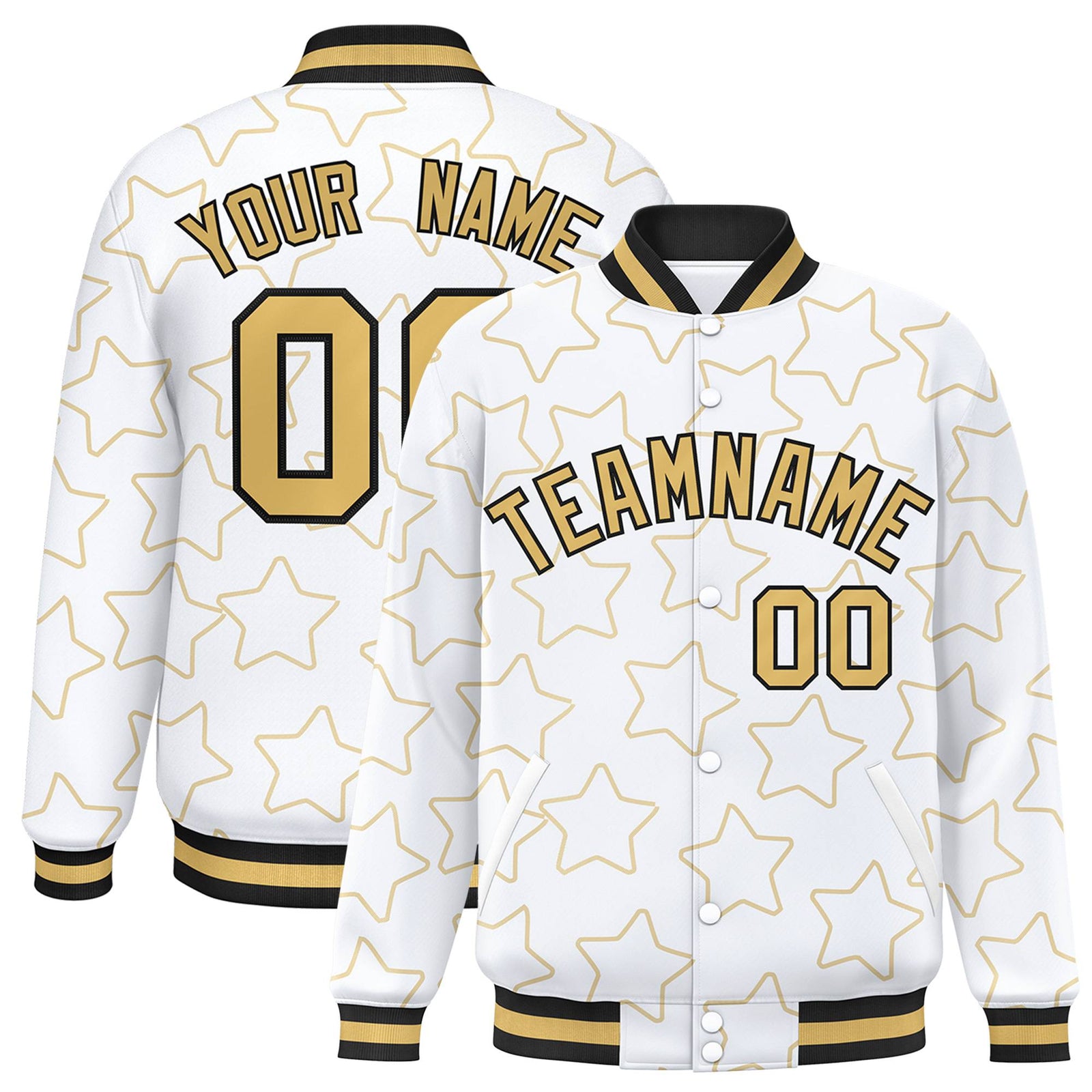 Custom White-Old Gold Varsity Full-Snap Star Pattern Letterman Baseball Jacket