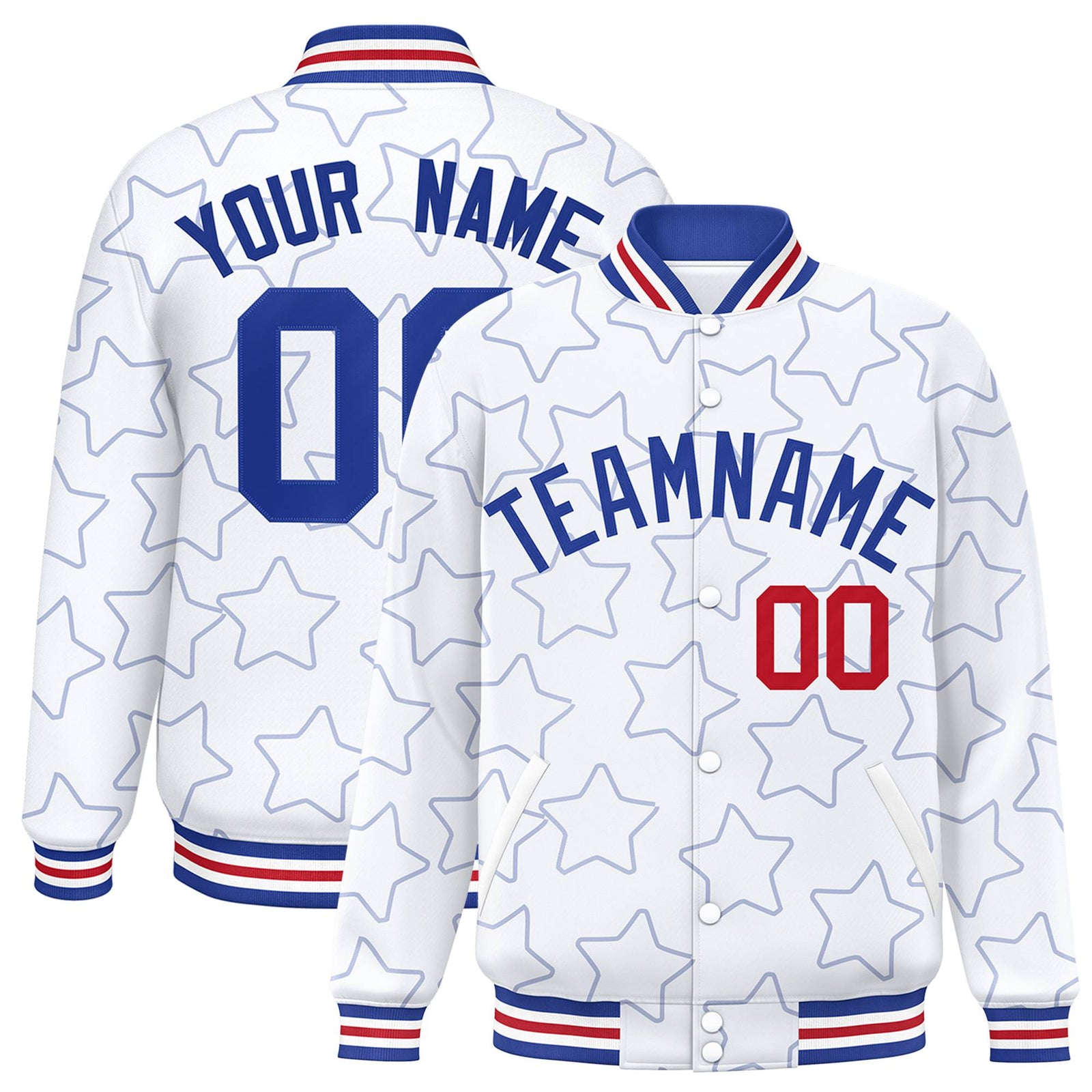 Custom White Royal Blue-Red Varsity Full-Snap Star Pattern Letterman Baseball Jacket