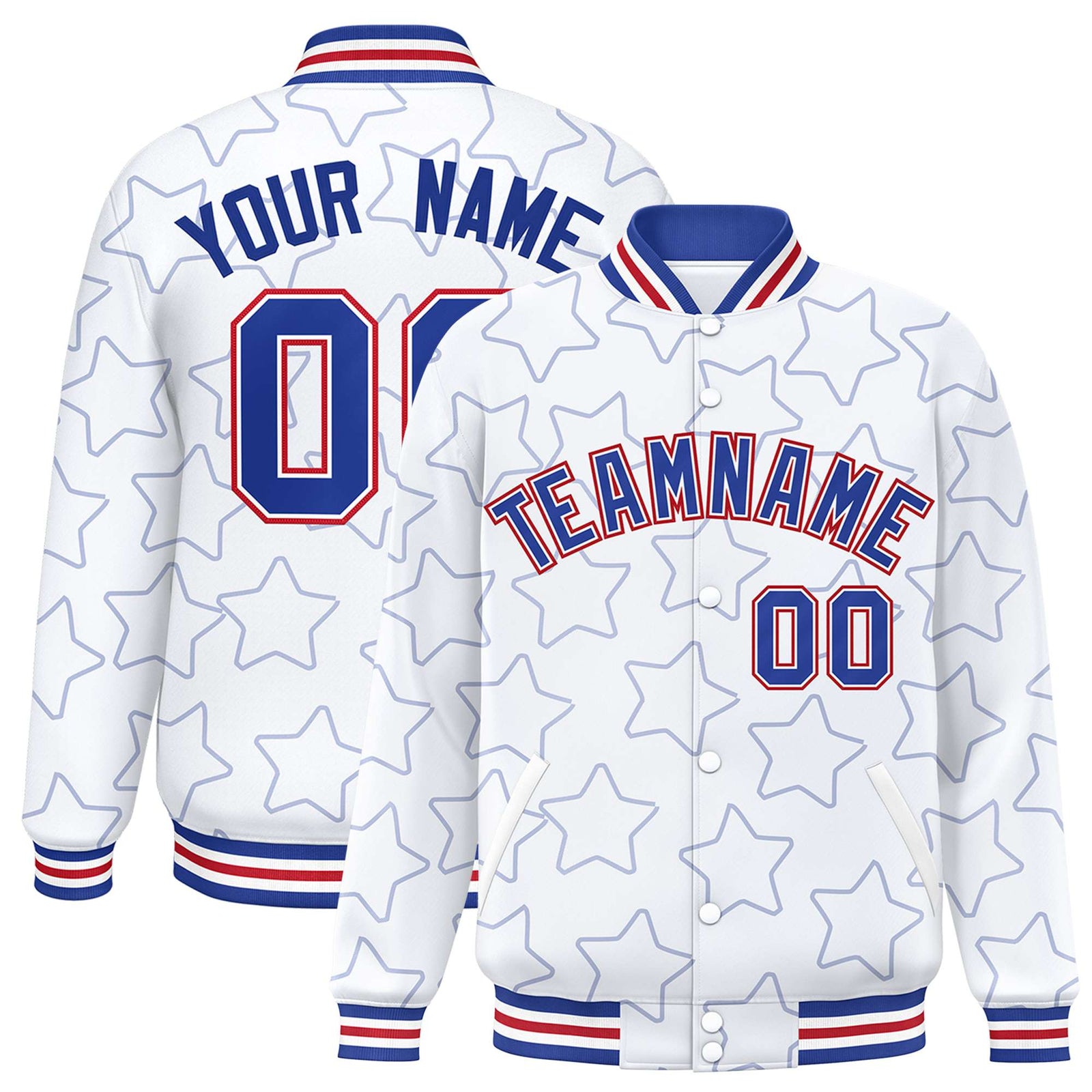 Custom White Royal Blue-Royal Blue Varsity Full-Snap Star Pattern Letterman Baseball Jacket