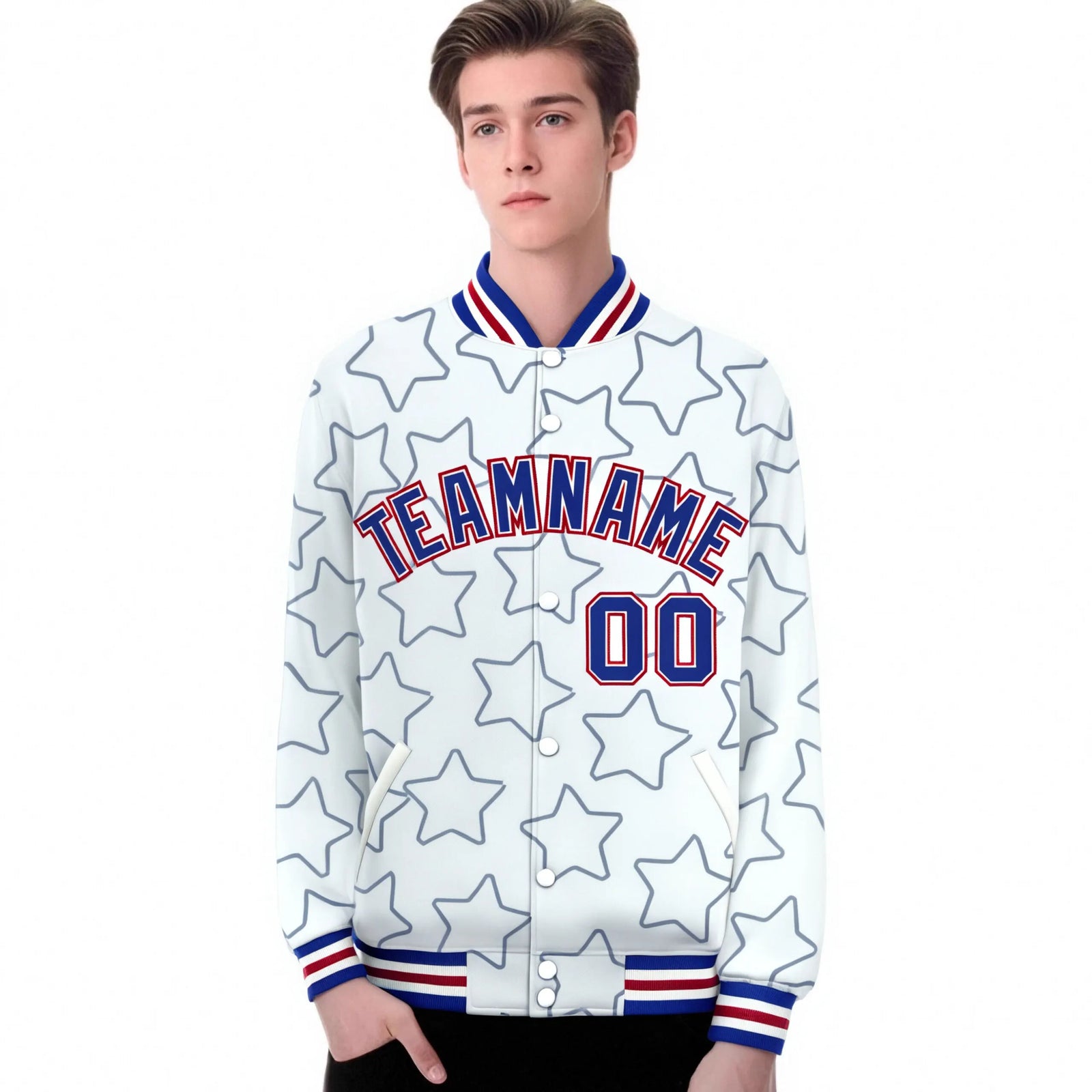 Custom White Royal Blue-Royal Blue Varsity Full-Snap Star Pattern Letterman Baseball Jacket