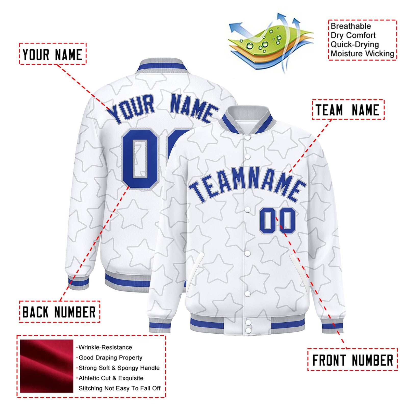 Custom White Royal Blue-Gray Varsity Full-Snap Star Pattern Letterman Baseball Jacket