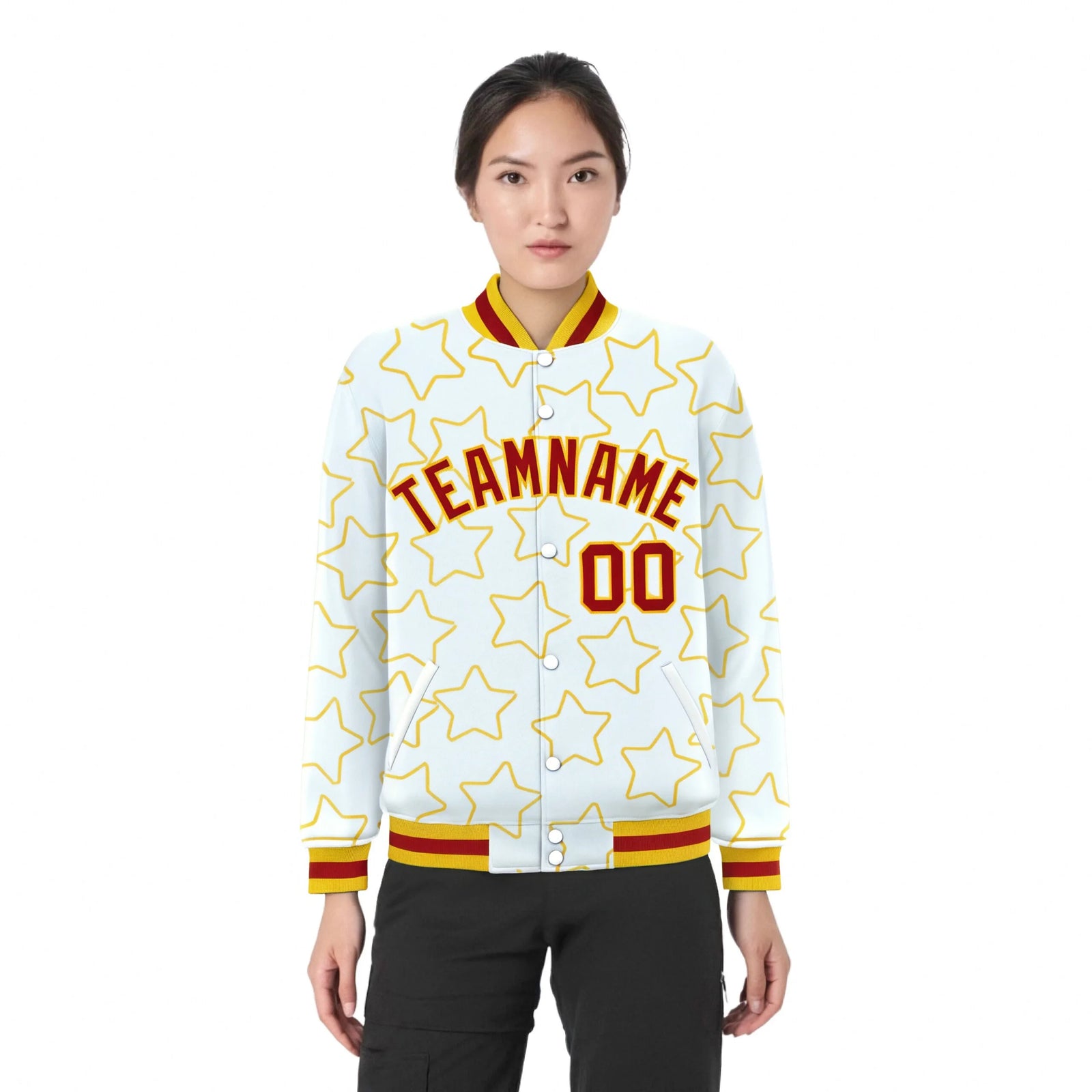 Custom White Red-Gold Varsity Full-Snap Star Pattern Letterman Baseball Jacket