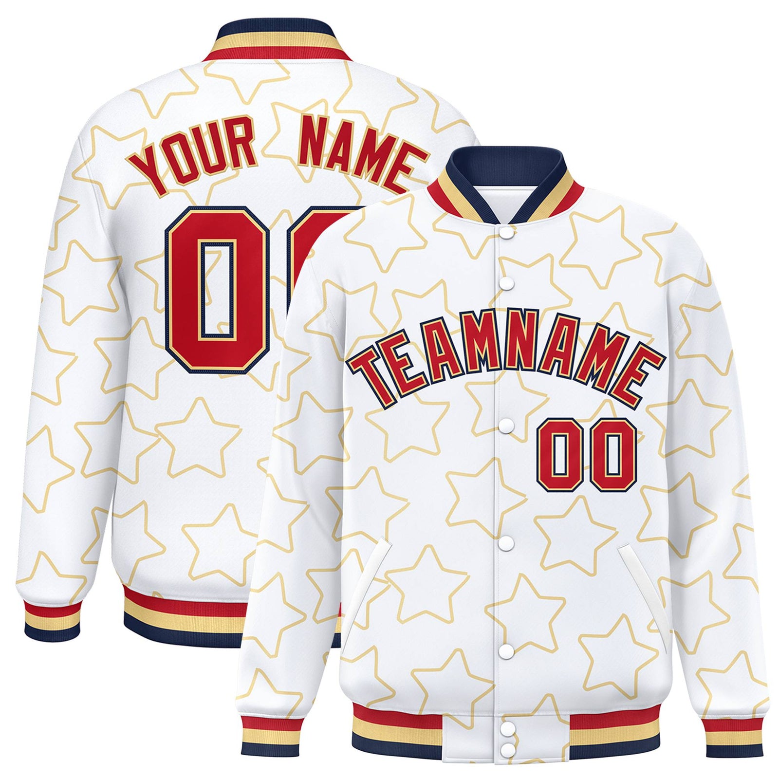 Custom White Red-Navy Varsity Full-Snap Star Pattern Letterman Baseball Jacket