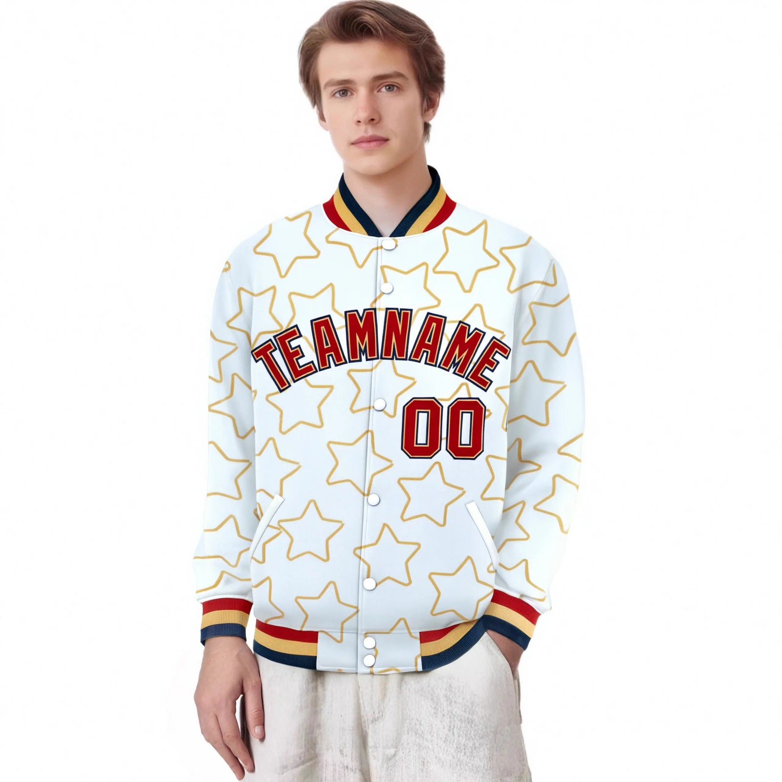 Custom White Red-Navy Varsity Full-Snap Star Pattern Letterman Baseball Jacket