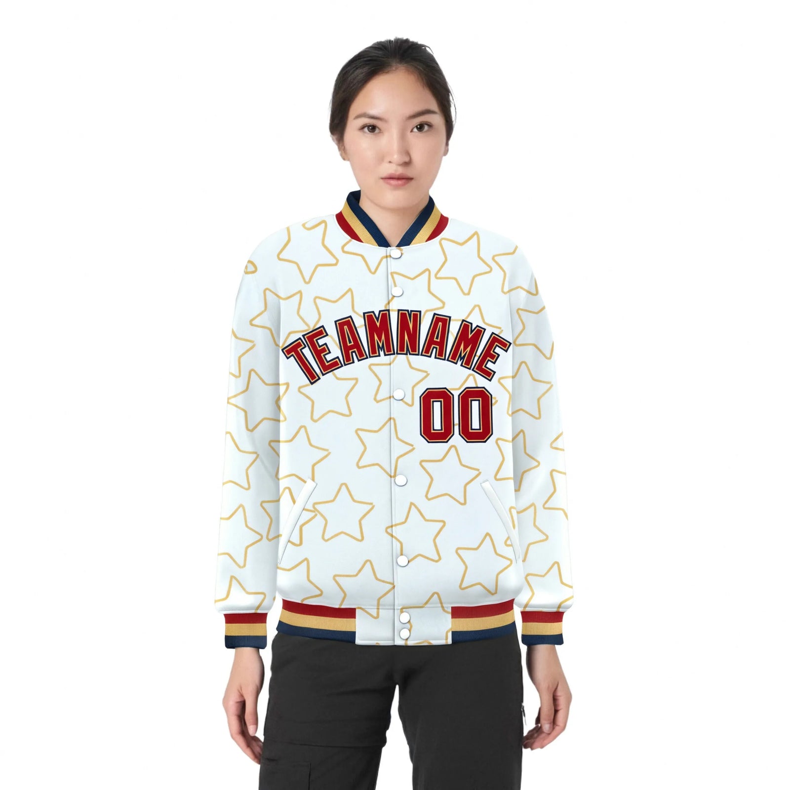 Custom White Red-Navy Varsity Full-Snap Star Pattern Letterman Baseball Jacket