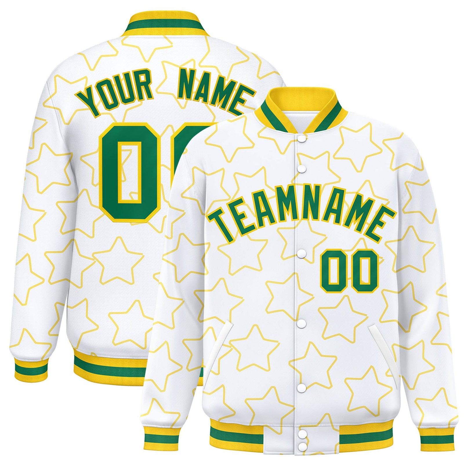 Custom White Neon Green-Gold Varsity Full-Snap Star Pattern Letterman Baseball Jacket