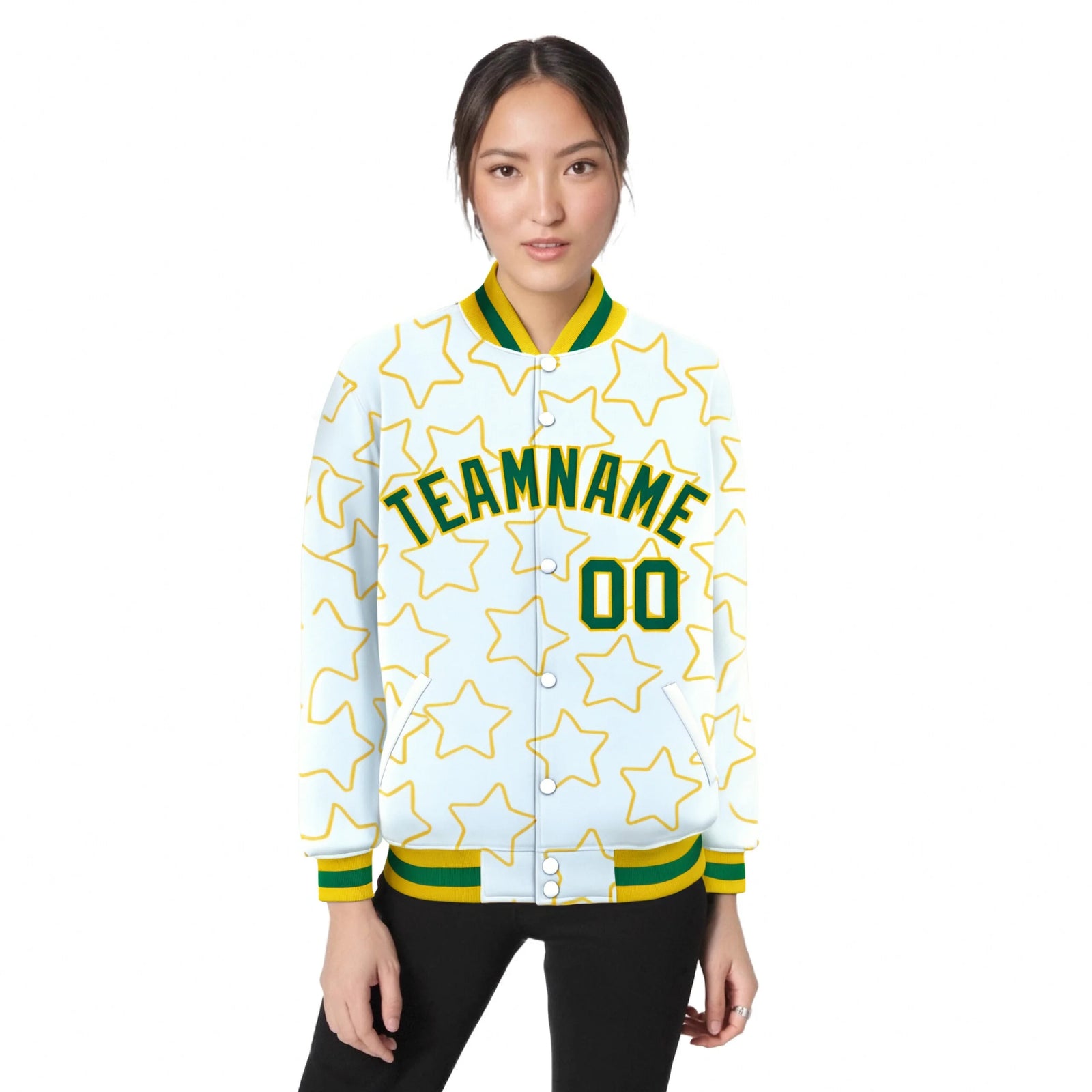 Custom White Neon Green-Gold Varsity Full-Snap Star Pattern Letterman Baseball Jacket