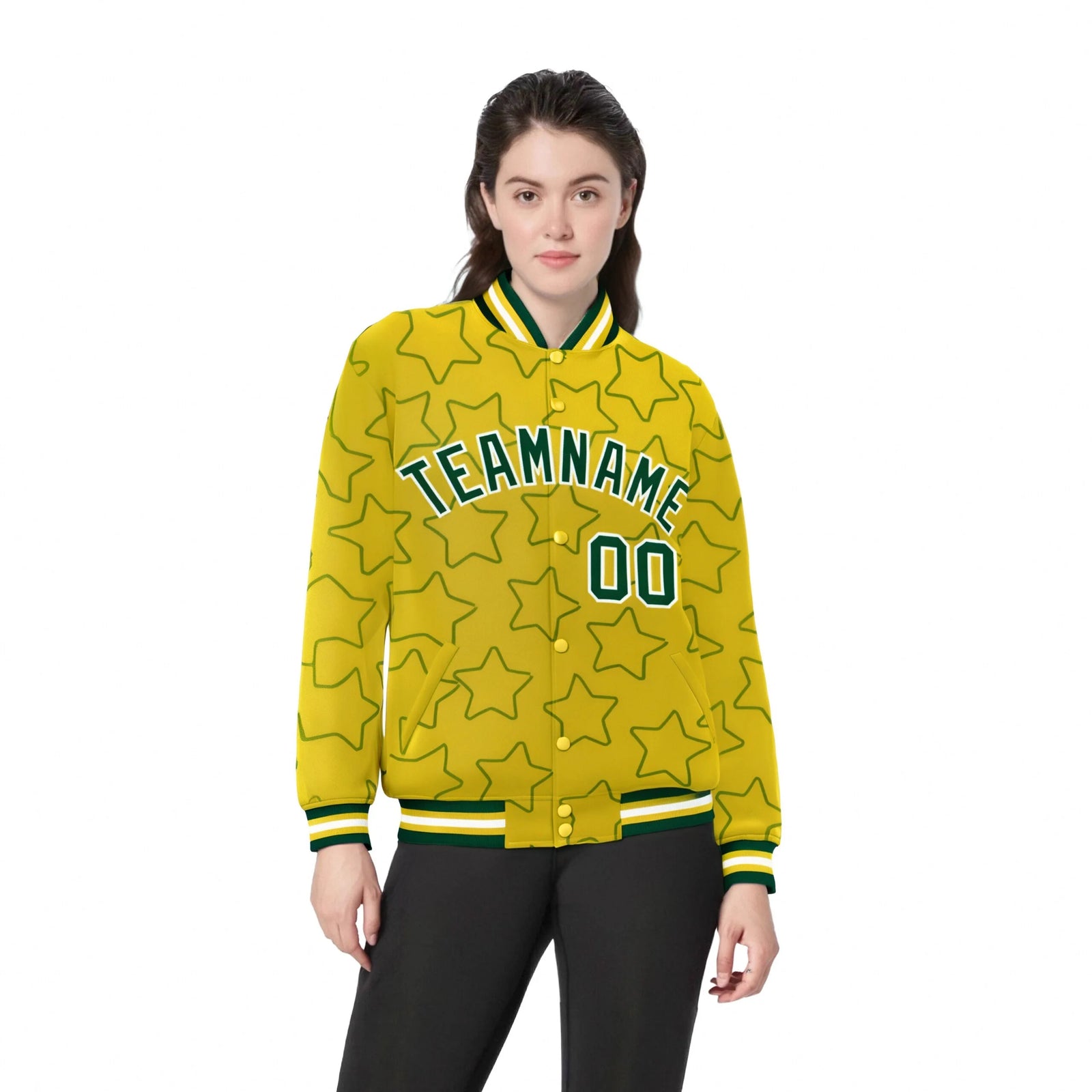 Custom Gold Green-White Varsity Full-Snap Star Pattern Letterman Baseball Jacket