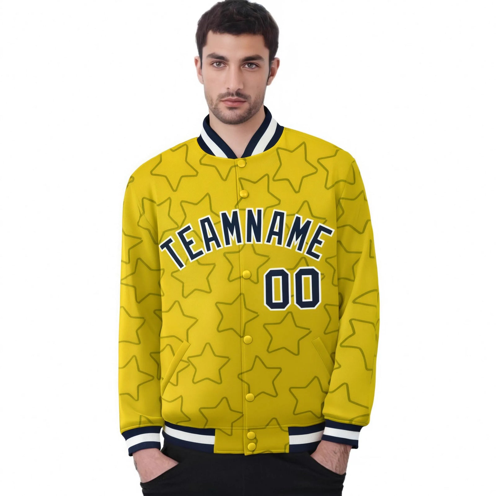 Custom Gold Navy-White Varsity Full-Snap Star Pattern Letterman Baseball Jacket