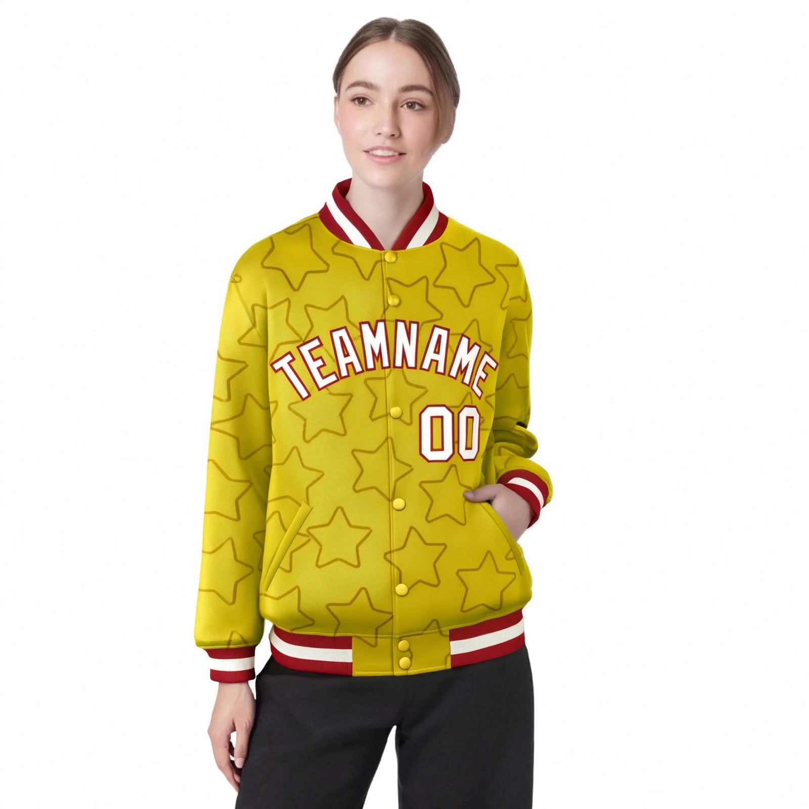 Custom Gold White-Red Varsity Full-Snap Star Pattern Letterman Baseball Jacket
