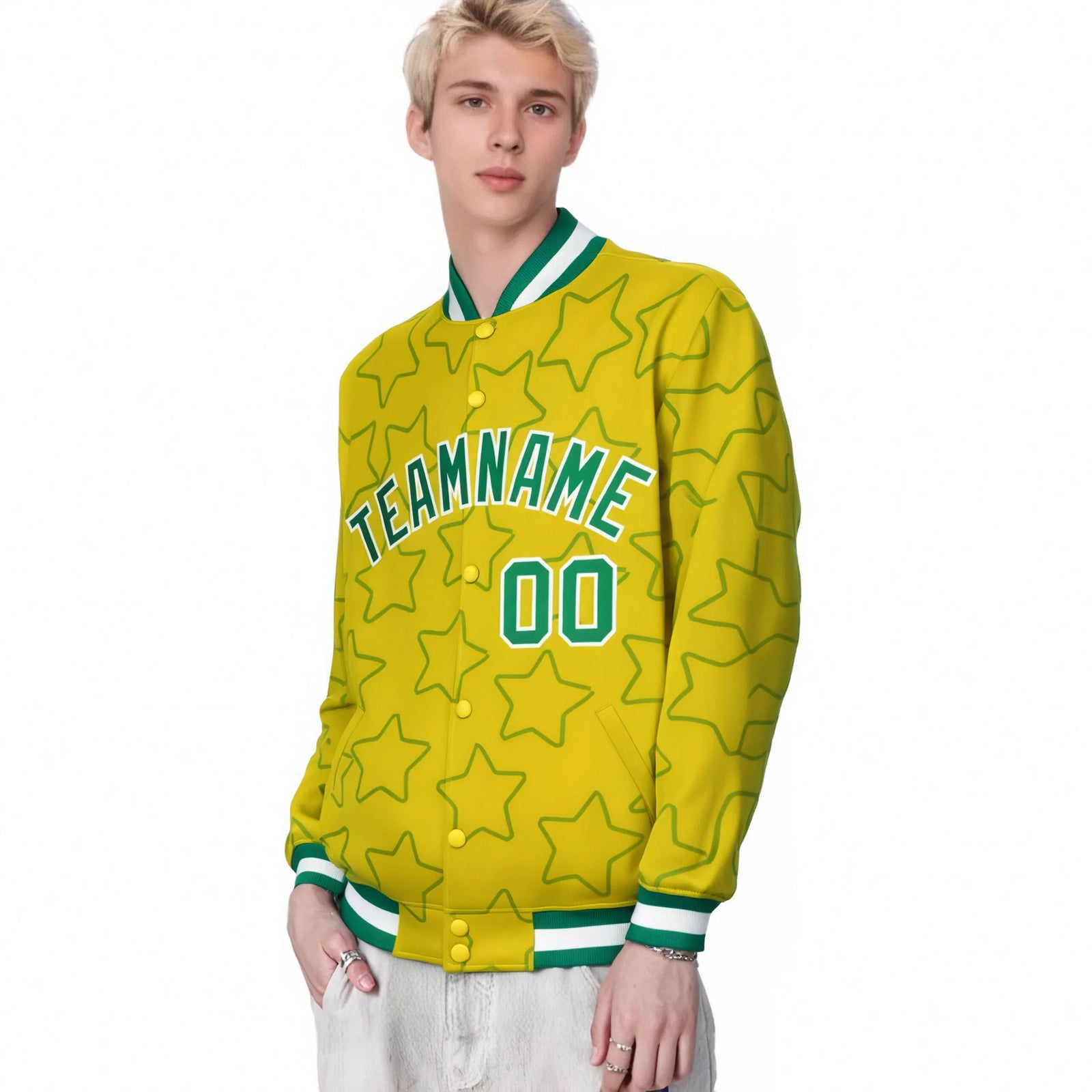 Custom Gold Teal-White Varsity Full-Snap Star Pattern Letterman Baseball Jacket