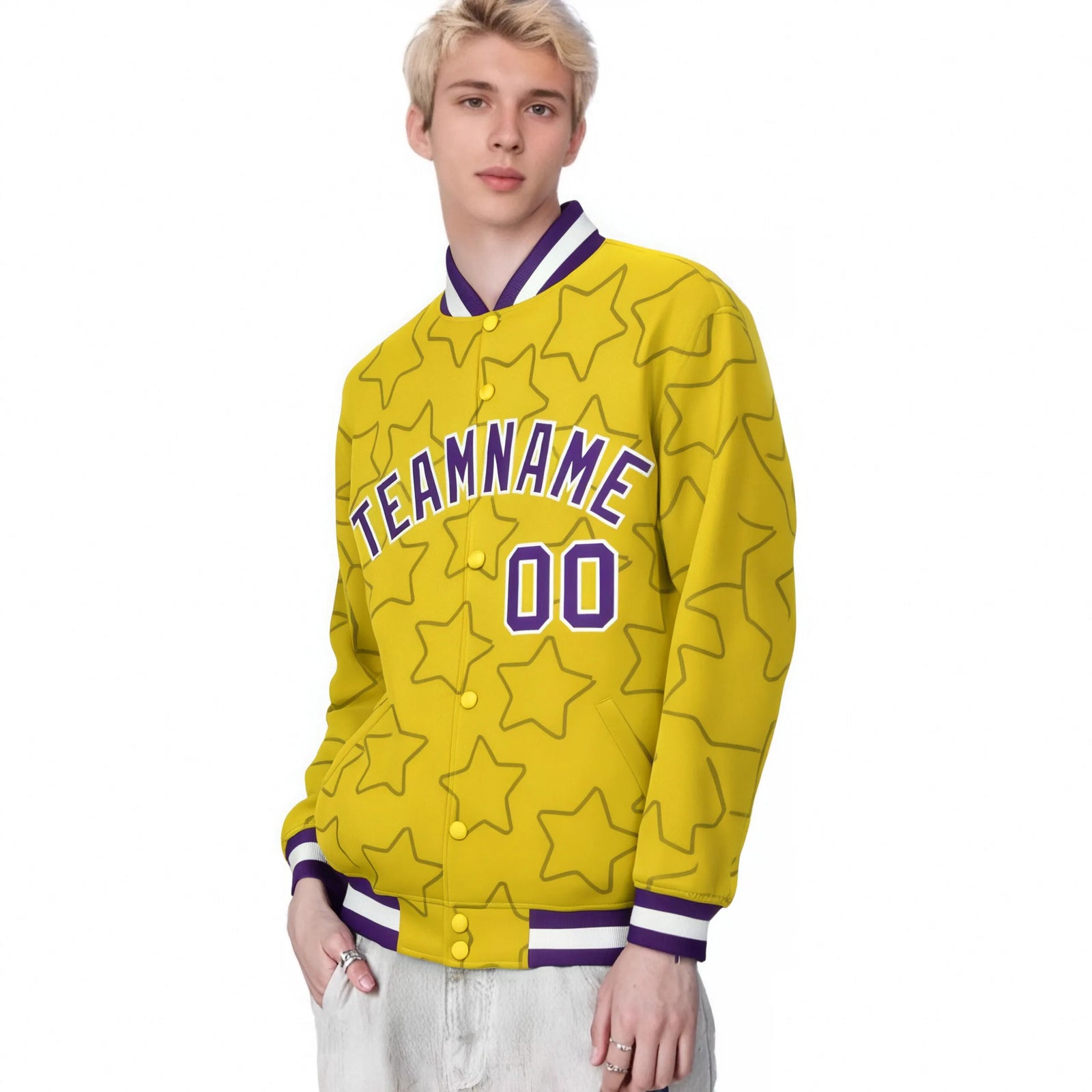Custom Gold Purple-White Varsity Full-Snap Star Pattern Letterman Baseball Jacket